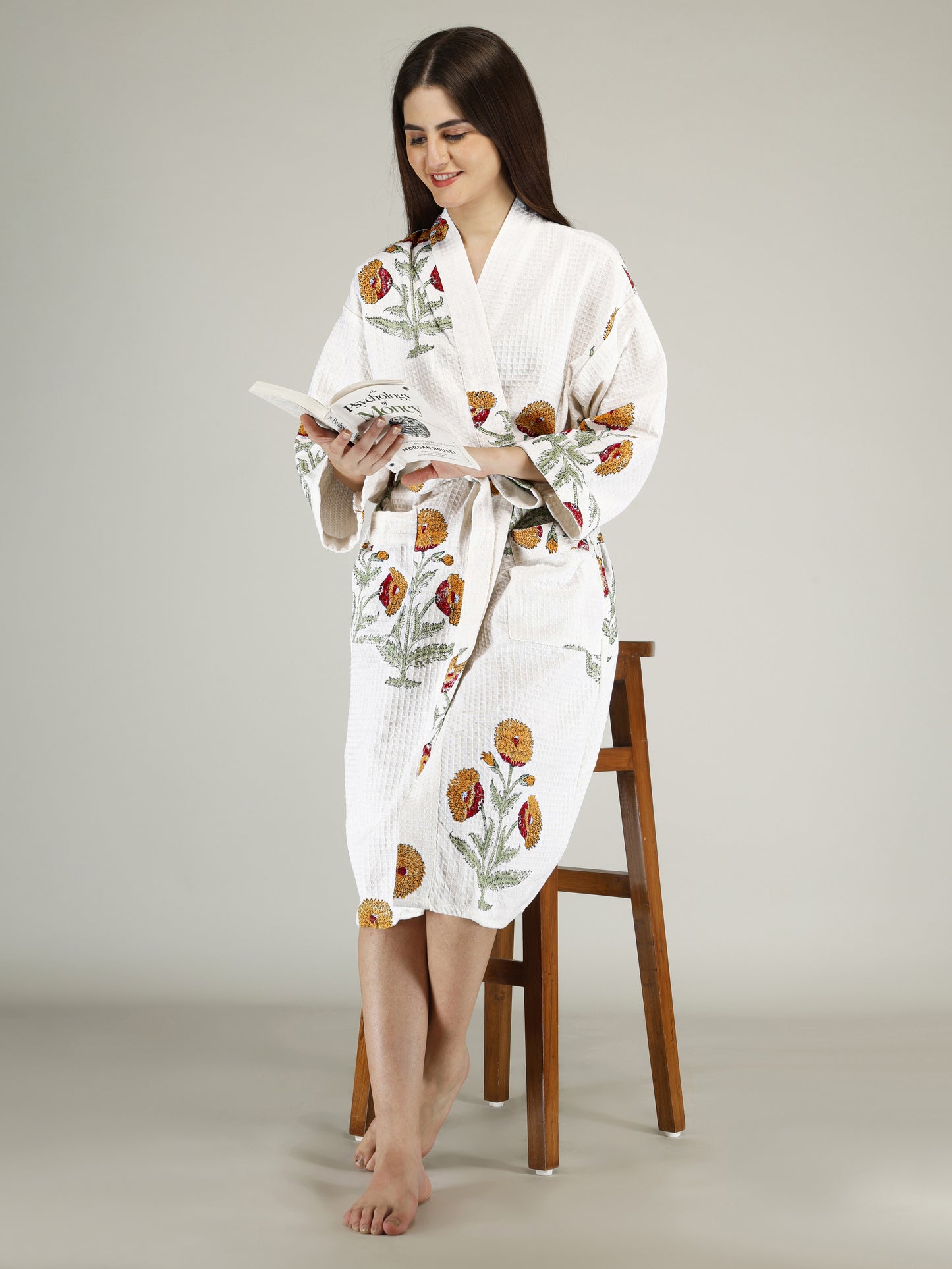 Handblock Printed Cotton Waffle Unisex Bath Robe - Free Size (Set Of 1) (004-BIG)