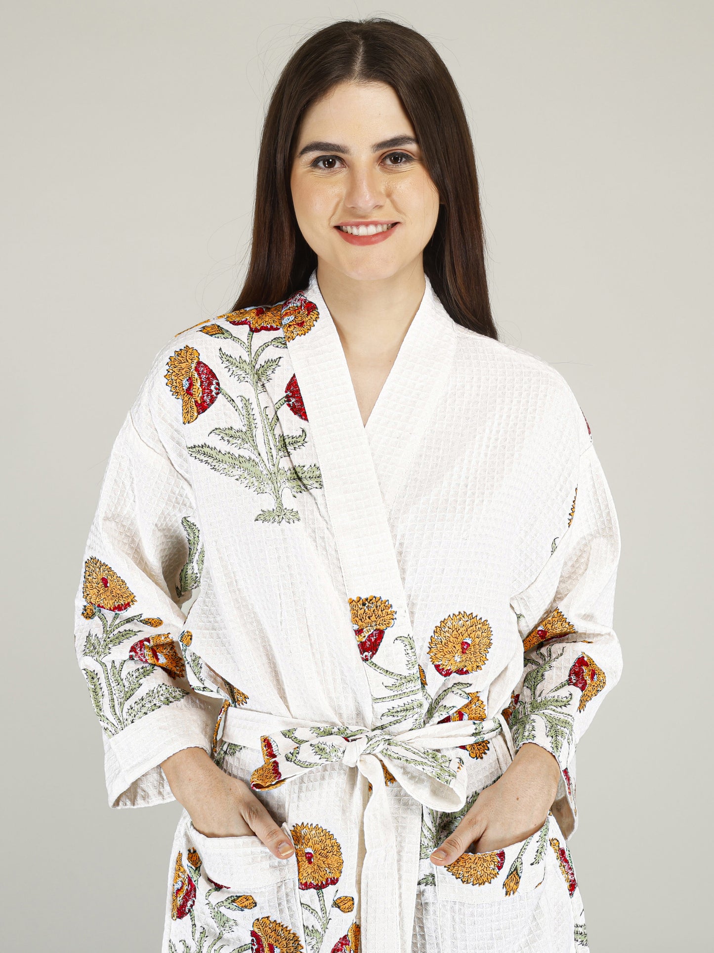 Handblock Printed Cotton Waffle Unisex Bath Robe - Free Size (Set Of 1) (004-BIG)