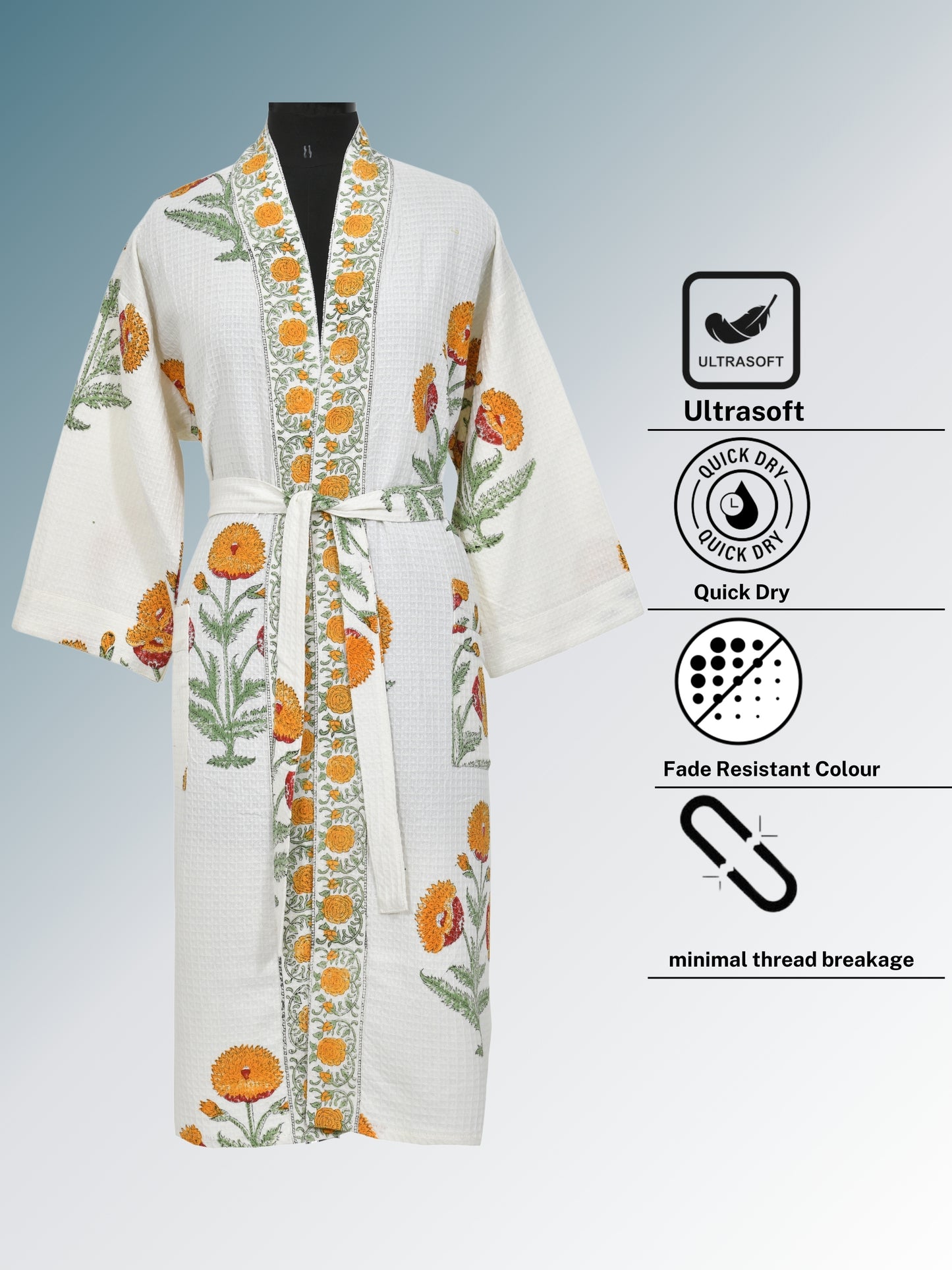 Handblock Printed Cotton Waffle Unisex Bath Robe - Free Size (Set Of 1) (004-BIG)