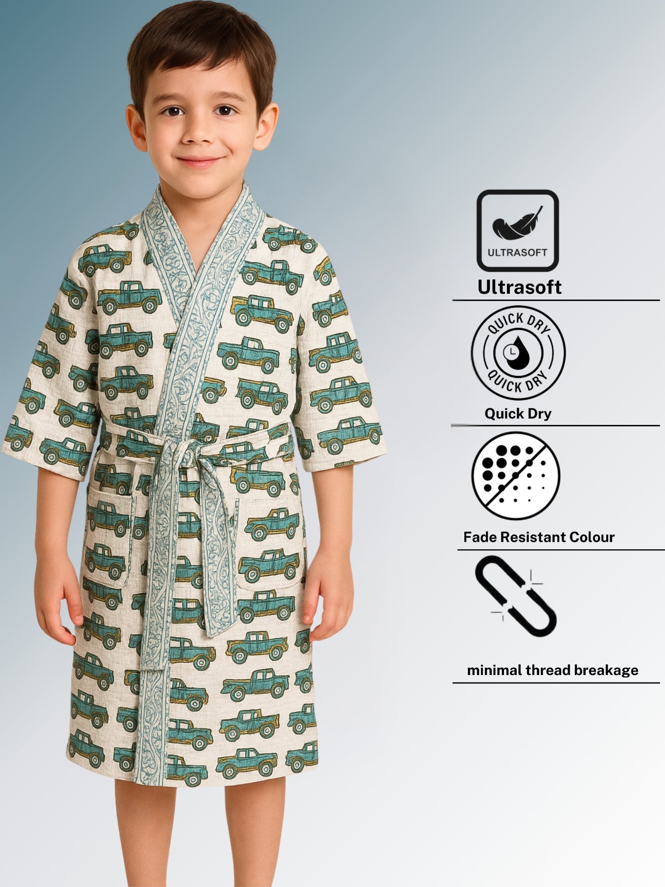 Handblock Printed Cotton Waffle Unisex Kids Bathrobe - Free Size (Set Of 1) (004-KIDS)