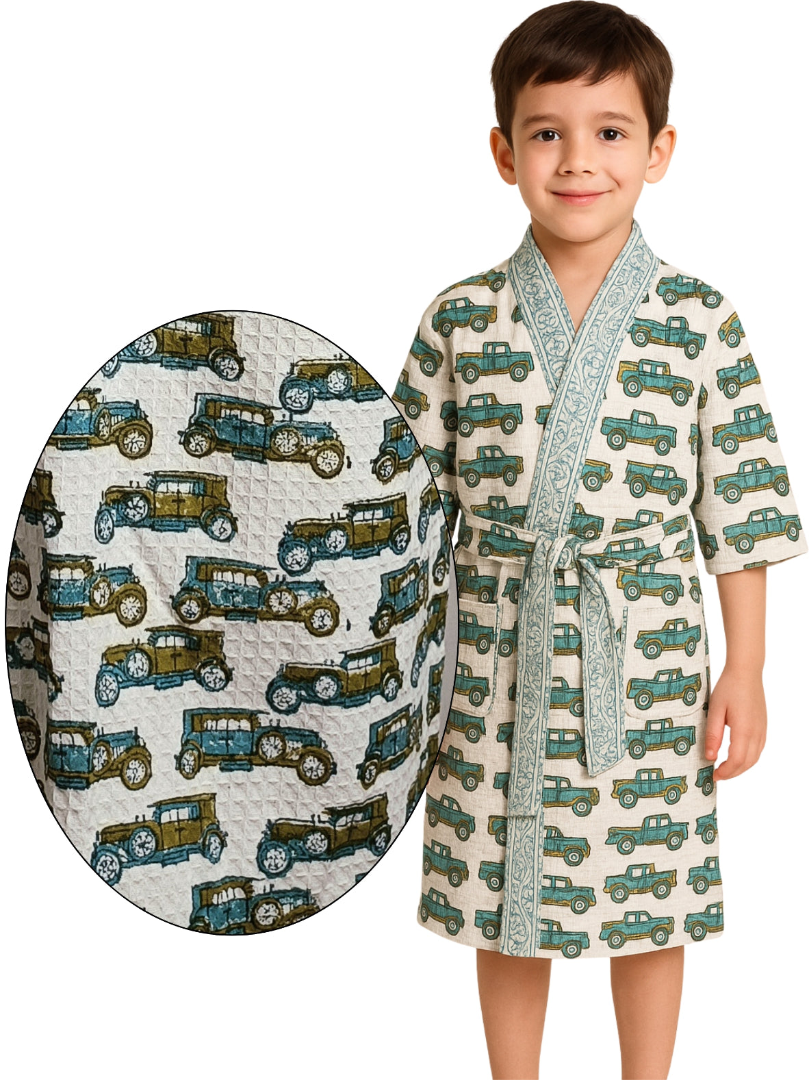 Handblock Printed Cotton Waffle Unisex Kids Bathrobe - Free Size (Set Of 1) (004-KIDS)