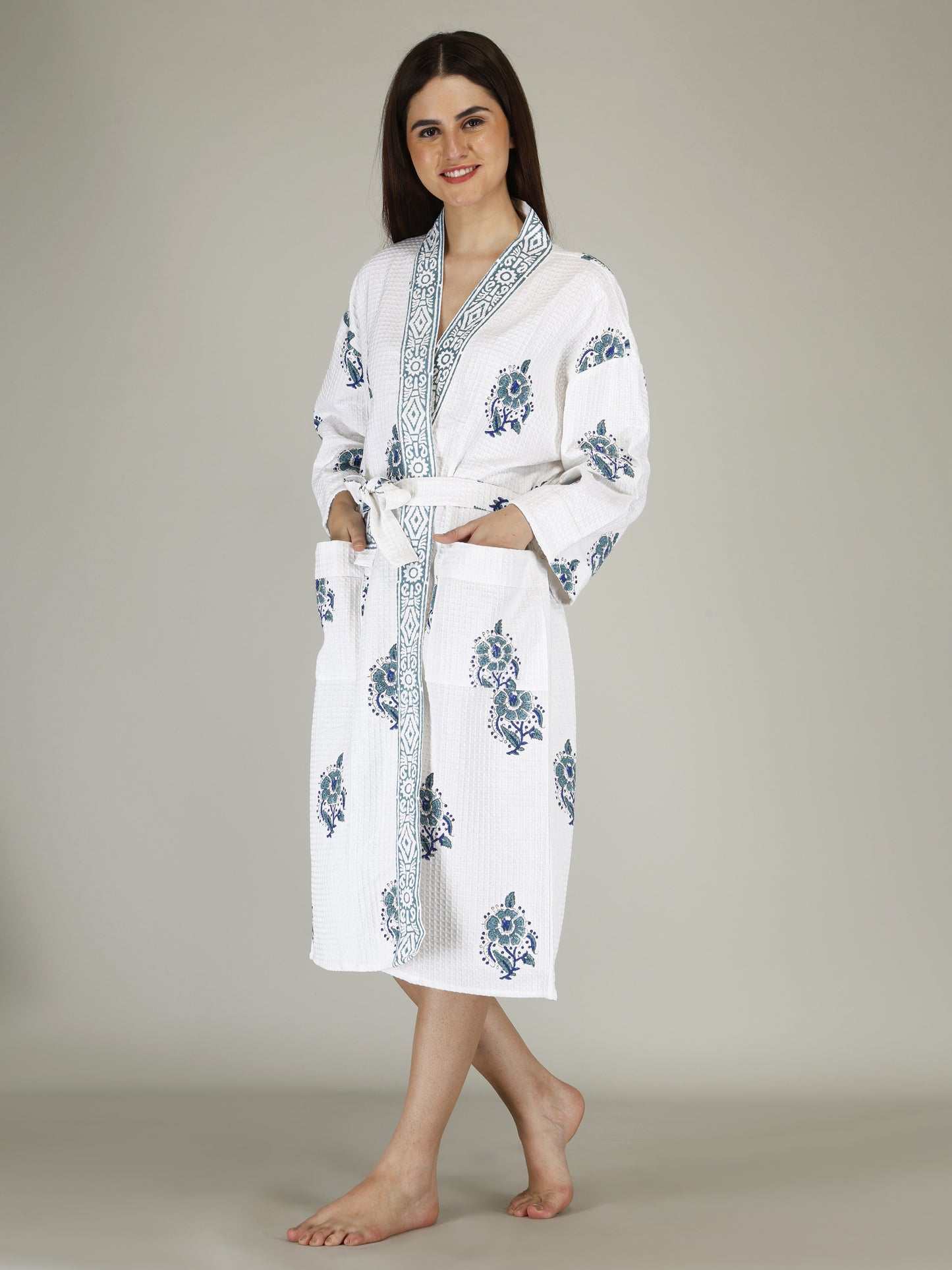 Handblock Printed Cotton Waffle Unisex Bath Robe - Free Size (Set Of 1) (005-BIG)