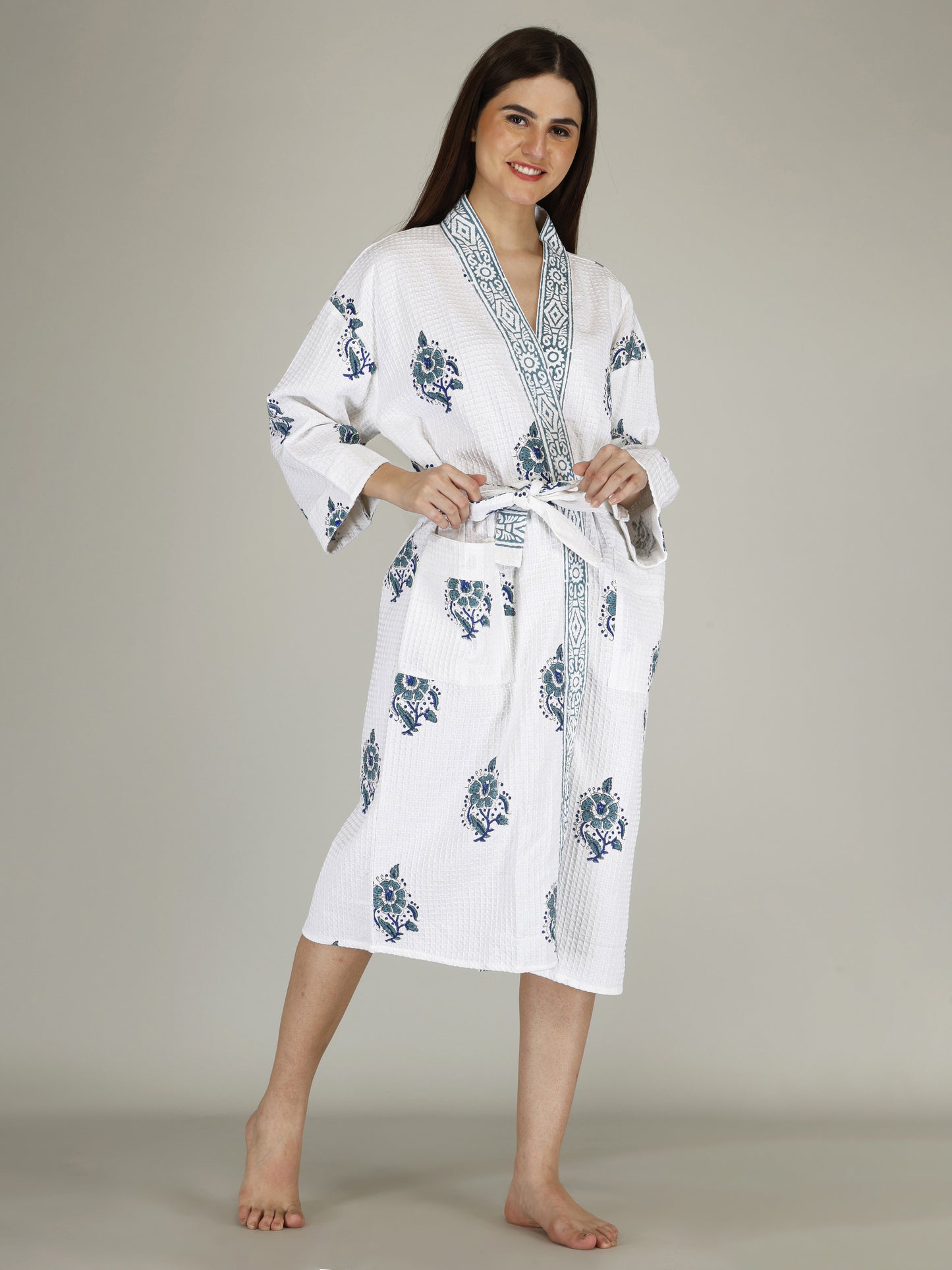 Handblock Printed Cotton Waffle Unisex Bath Robe - Free Size (Set Of 1) (005-BIG)