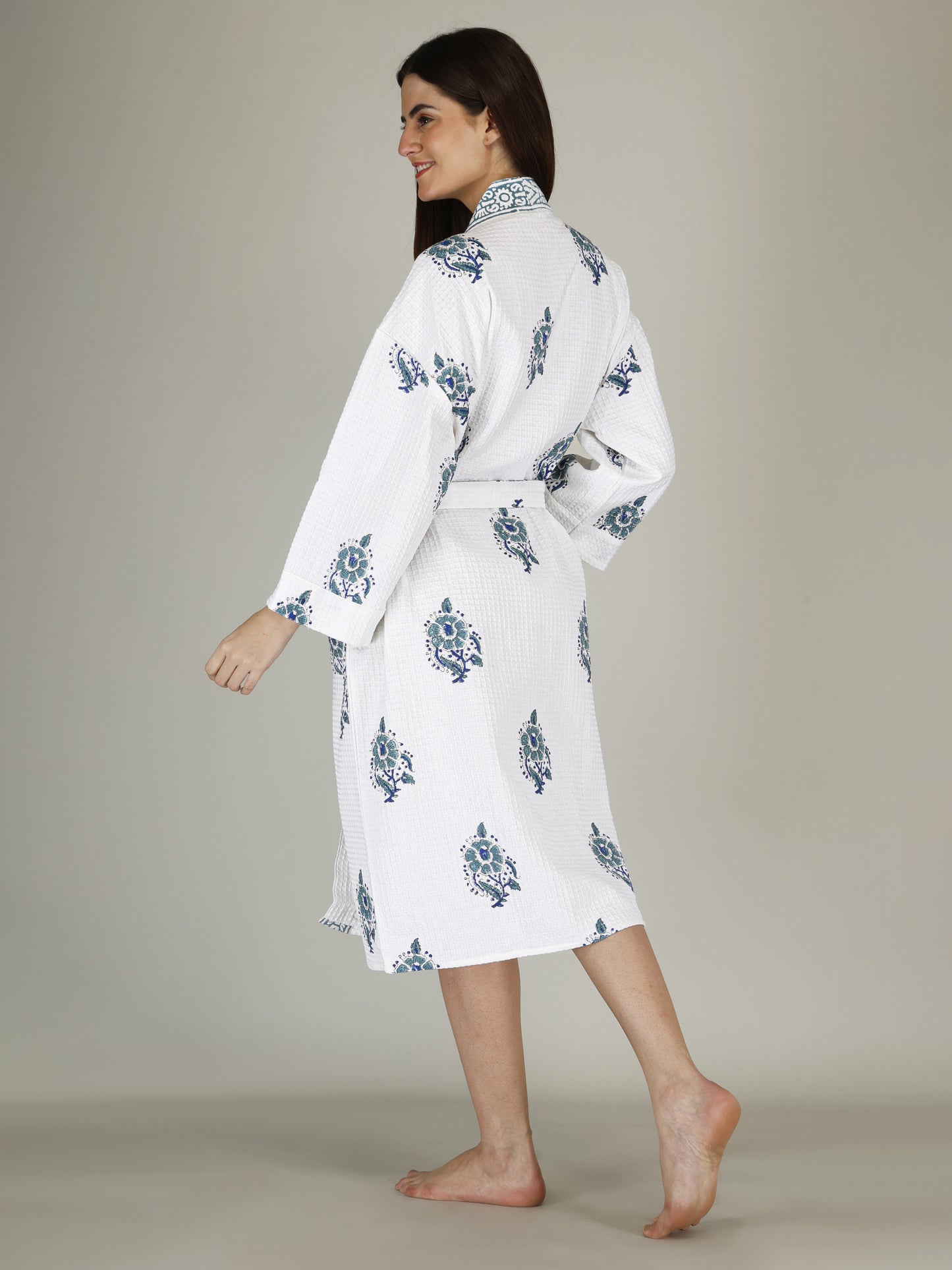 Handblock Printed Cotton Waffle Unisex Bath Robe - Free Size (Set Of 1) (005-BIG)