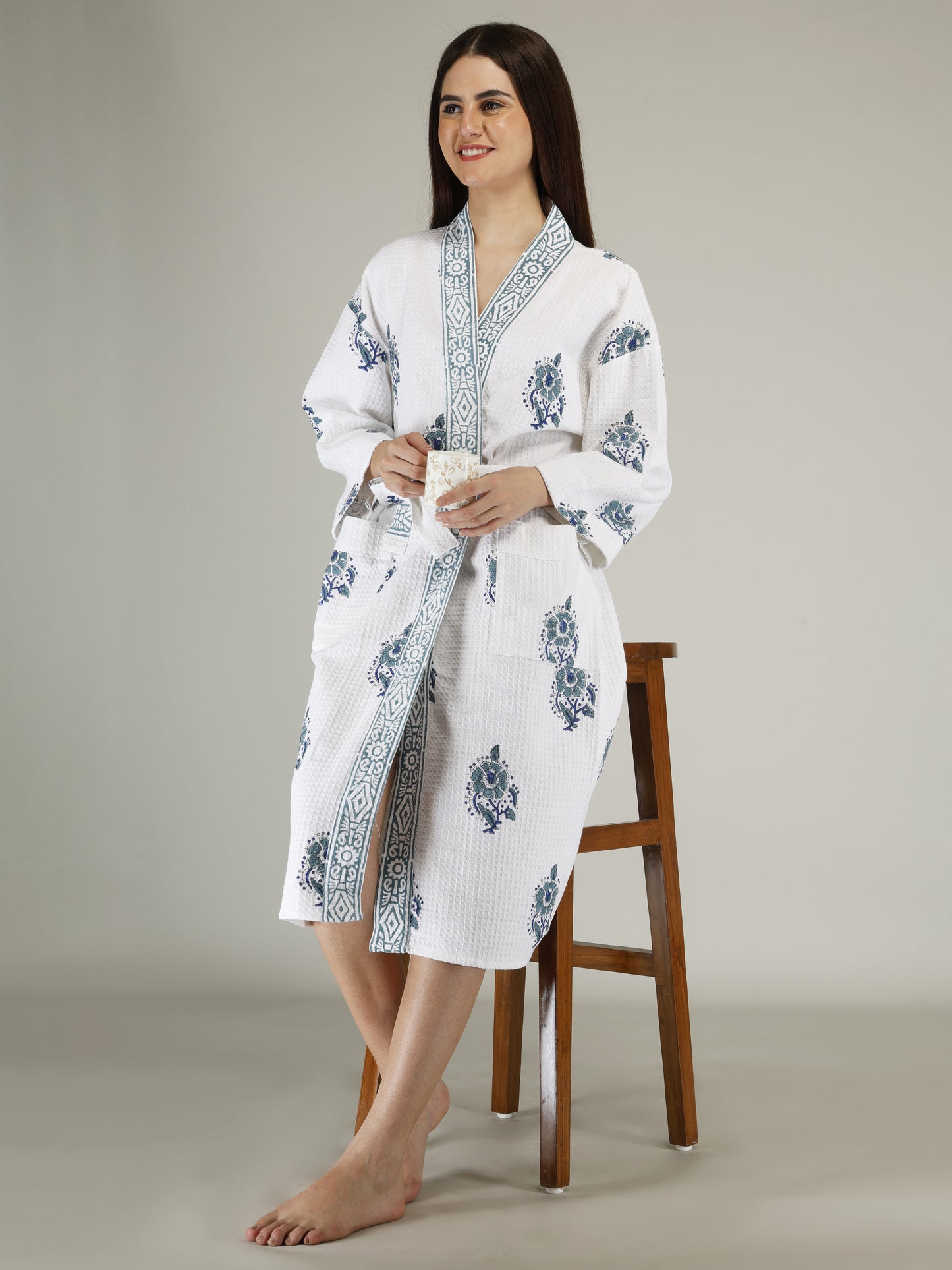 Handblock Printed Cotton Waffle Unisex Bath Robe - Free Size (Set Of 1) (005-BIG)