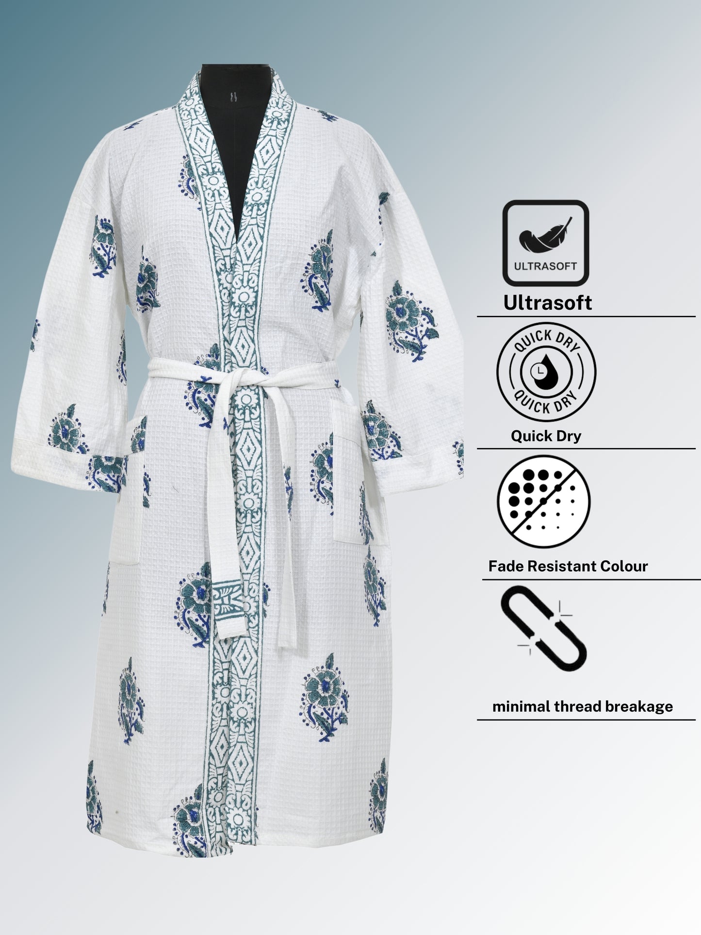 Handblock Printed Cotton Waffle Unisex Bath Robe - Free Size (Set Of 1) (005-BIG)