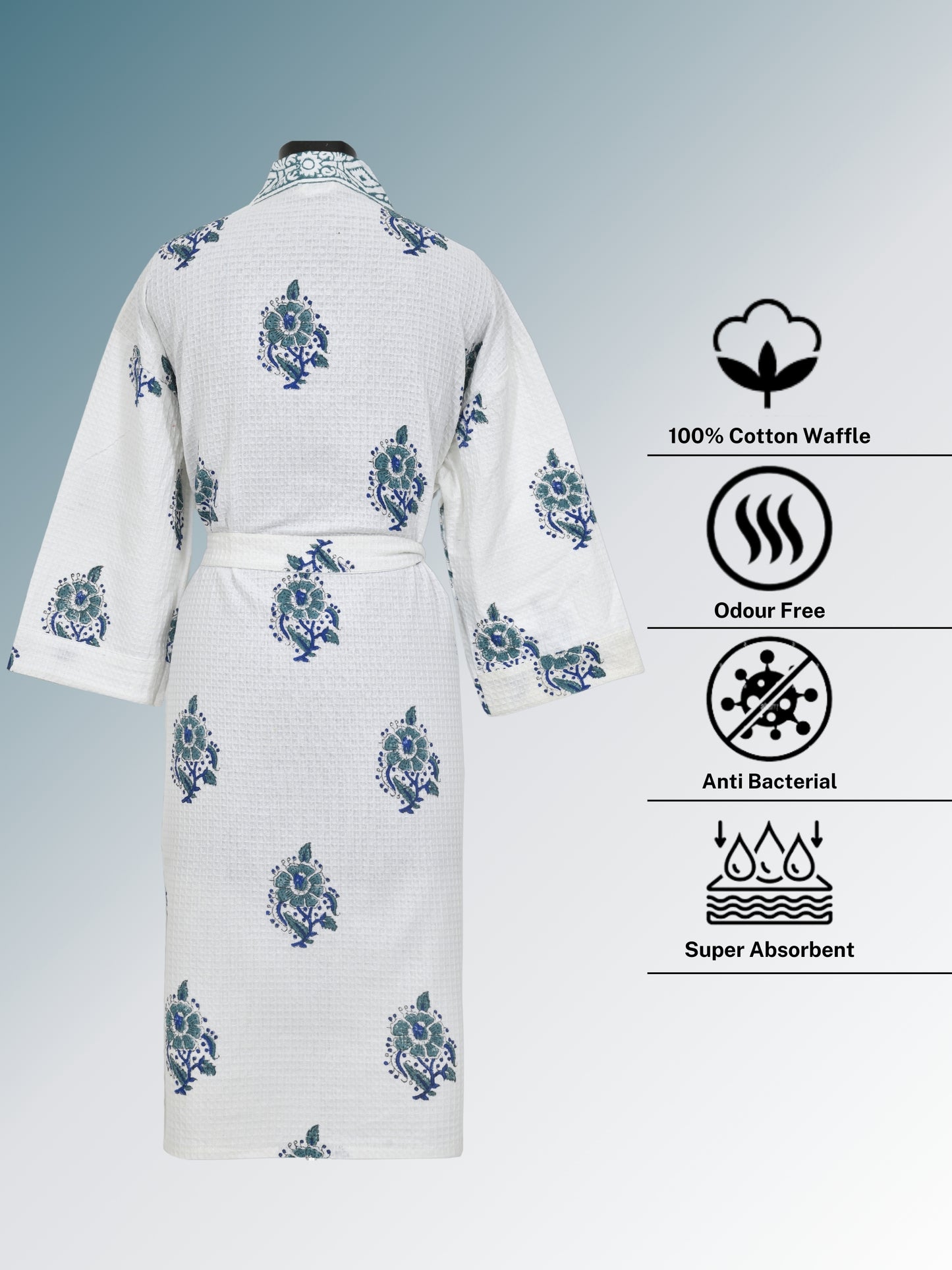 Handblock Printed Cotton Waffle Unisex Bath Robe - Free Size (Set Of 1) (005-BIG)