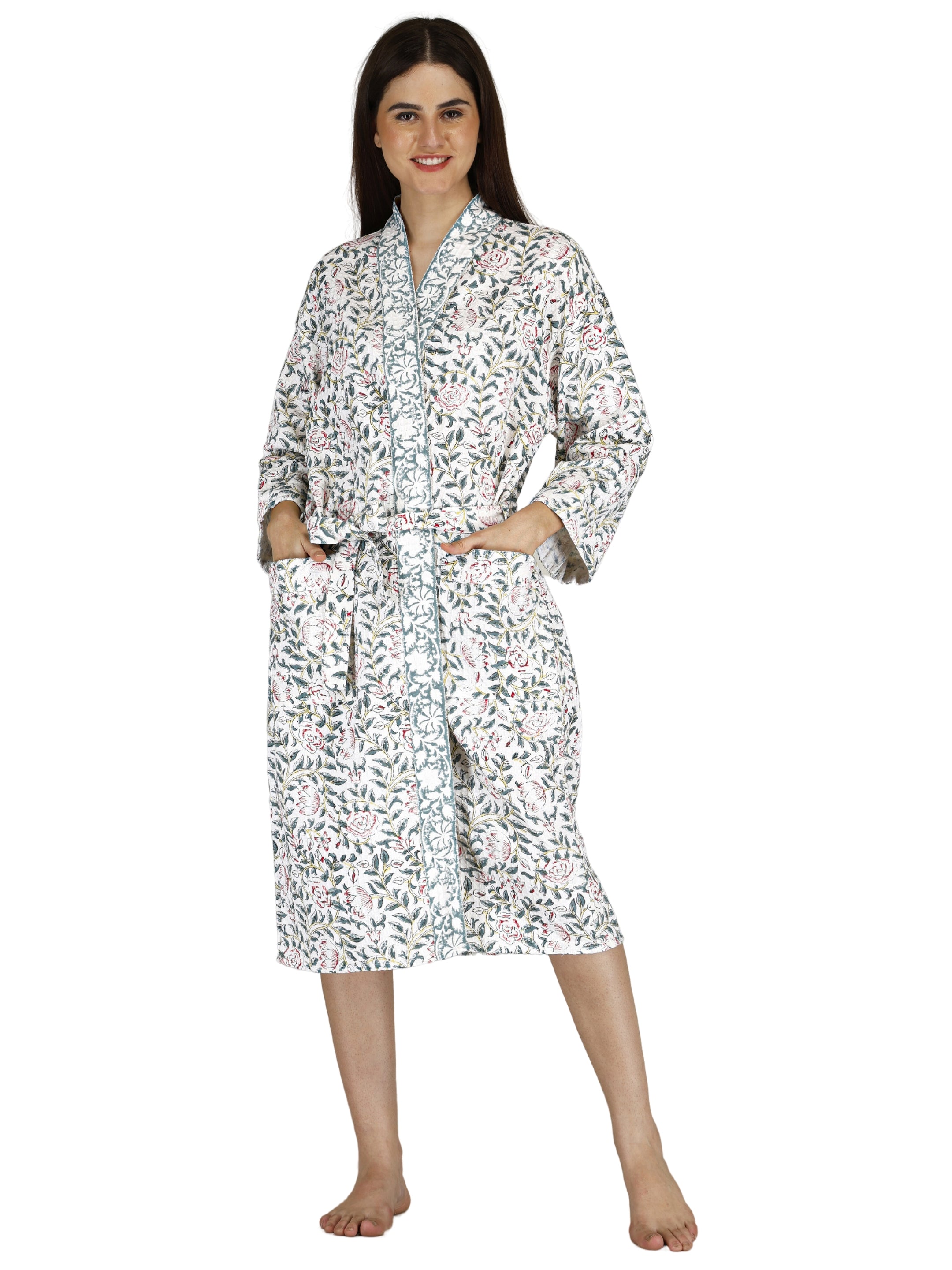 Handblock Printed Cotton Waffle Unisex Bath Robe - Free Size (Set Of 1) (006-BIG)