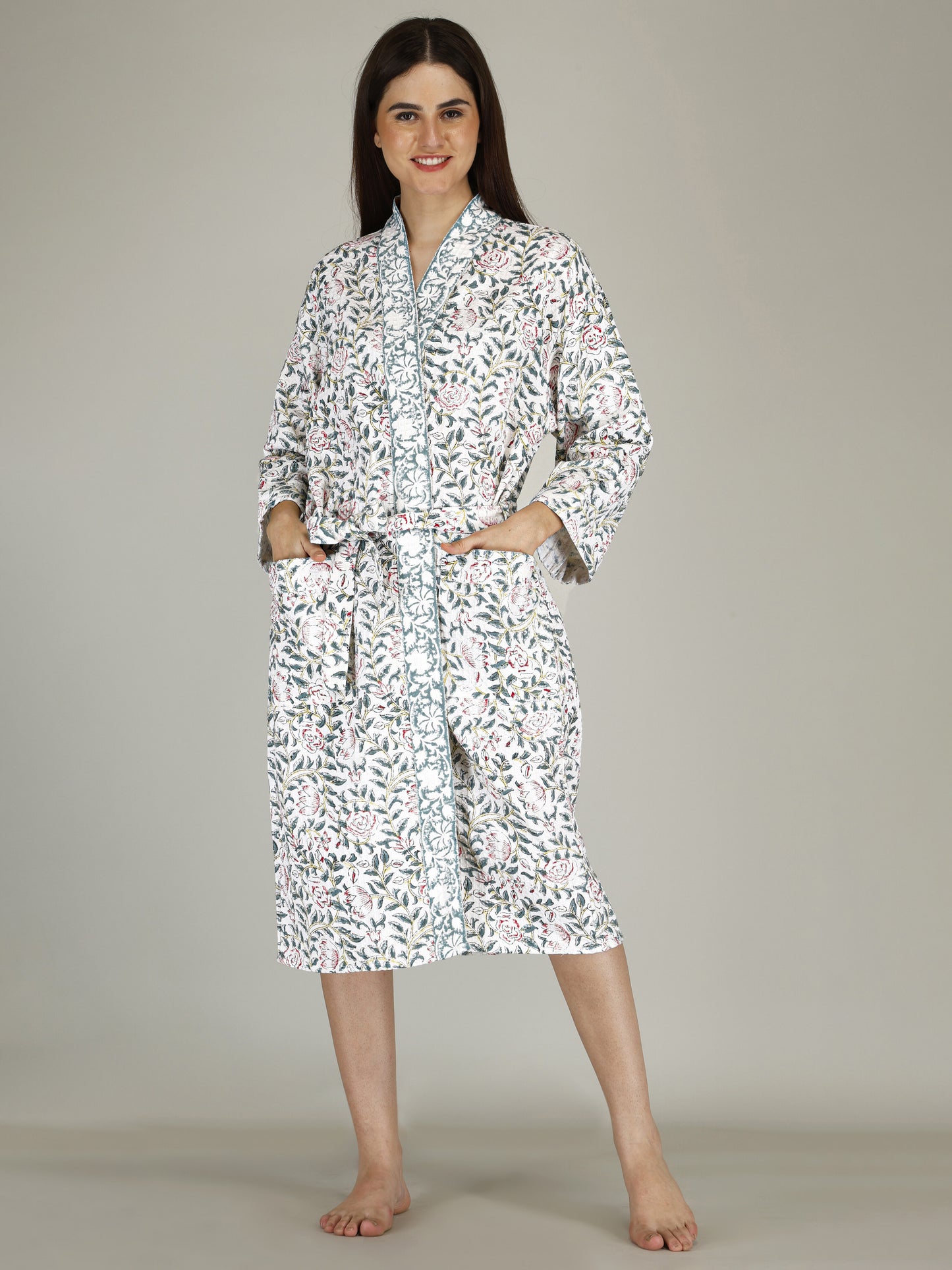 Handblock Printed Cotton Waffle Unisex Bath Robe - Free Size (Set Of 1) (006-BIG)