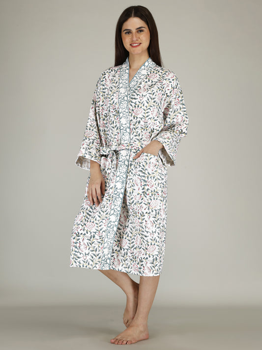 Handblock Printed Cotton Waffle Unisex Bath Robe - Free Size (Set Of 1) (006-BIG)