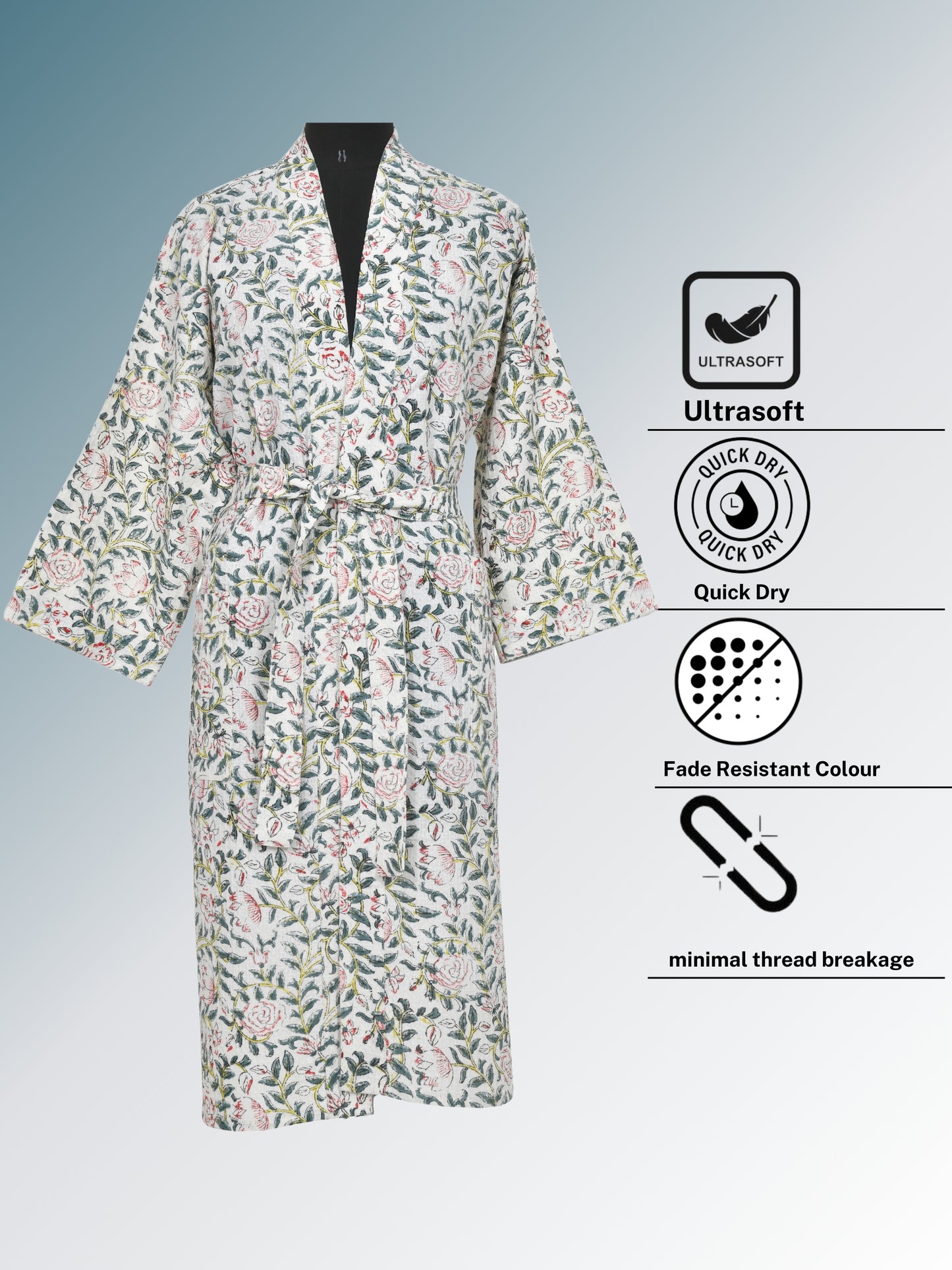 Handblock Printed Cotton Waffle Unisex Bath Robe - Free Size (Set Of 1) (006-BIG)