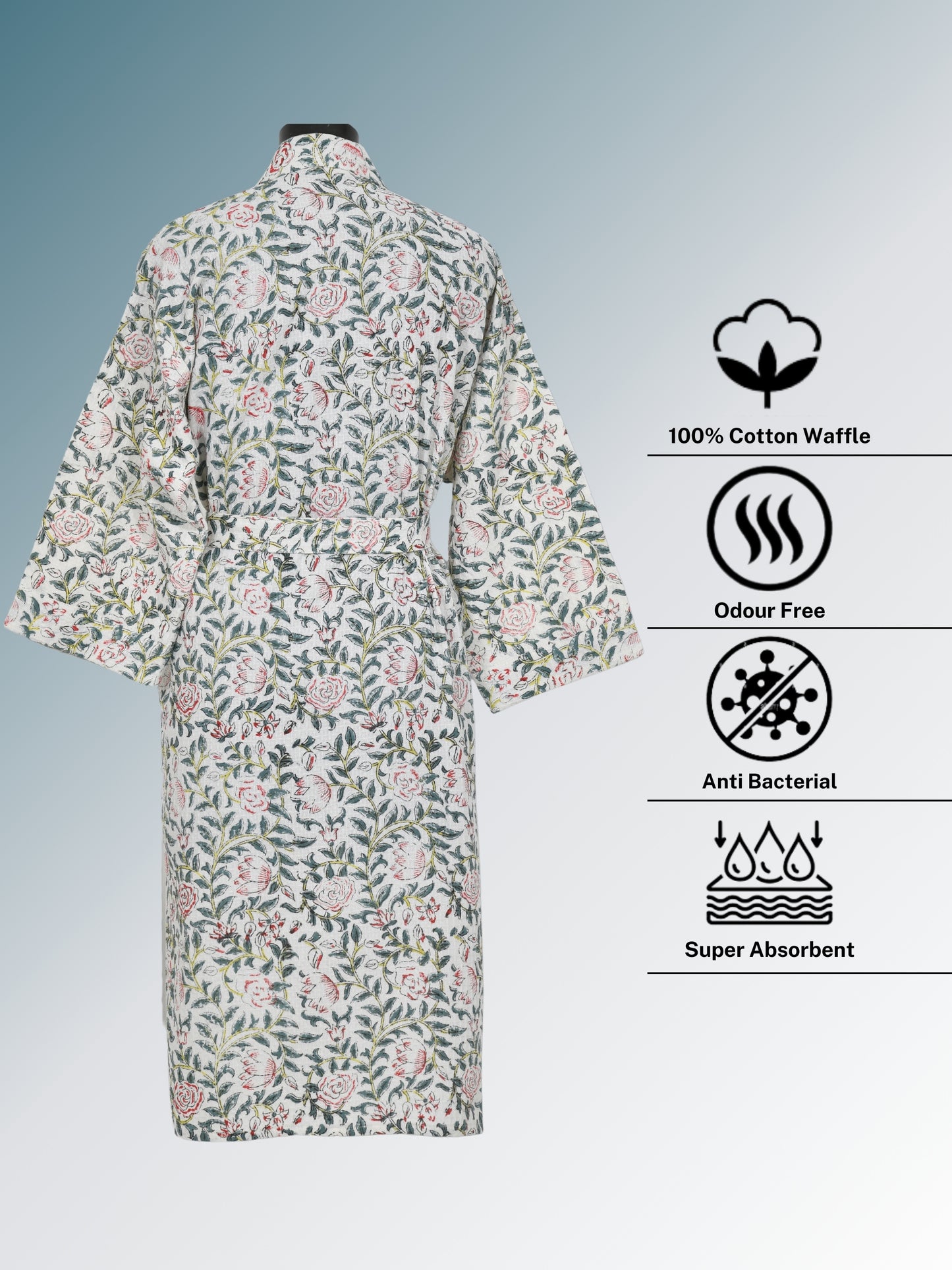 Handblock Printed Cotton Waffle Unisex Bath Robe - Free Size (Set Of 1) (006-BIG)