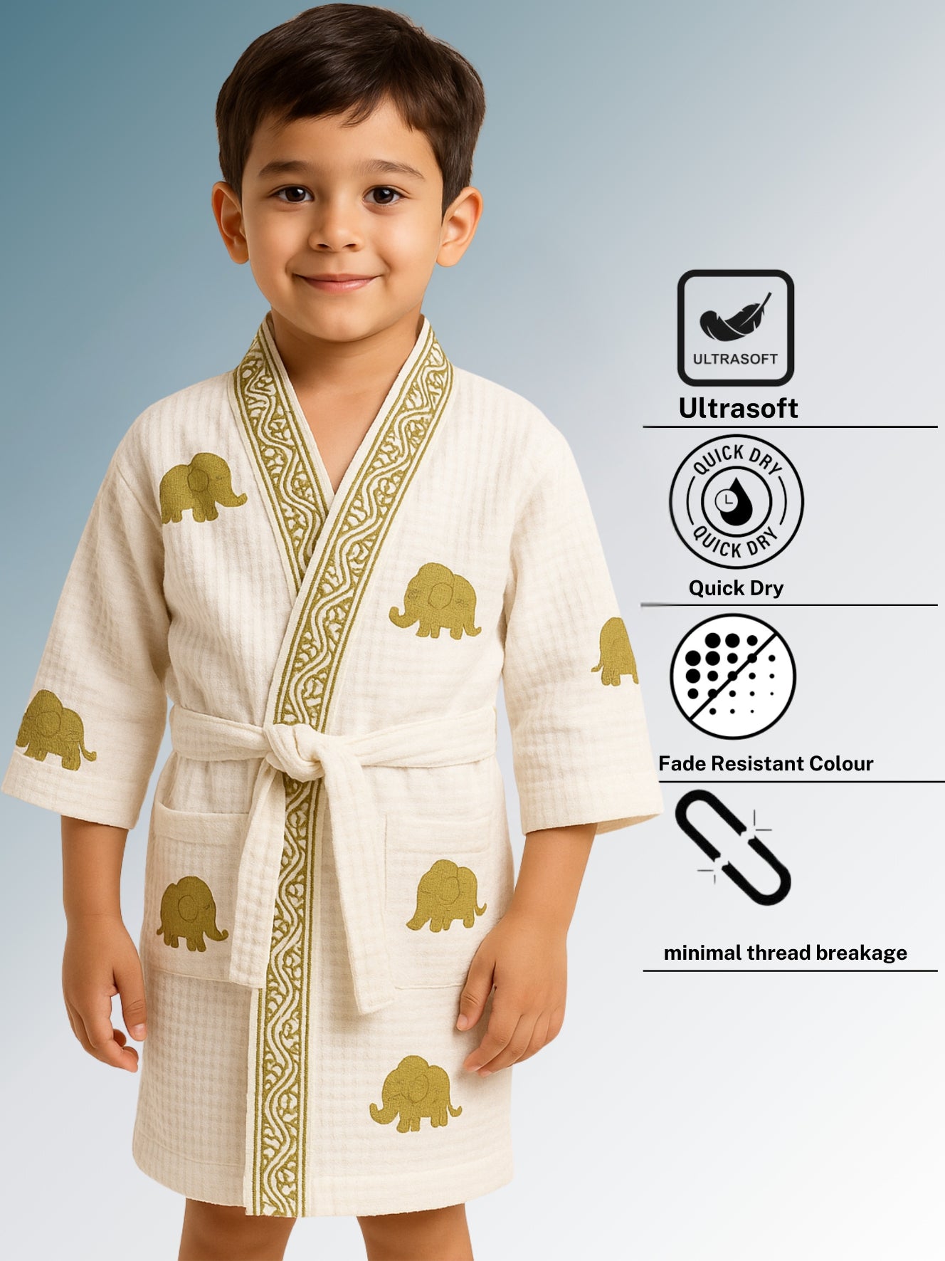 Handblock Printed Cotton Waffle Unisex Kids Bathrobe - Free Size (Set Of 1) (006-KIDS)