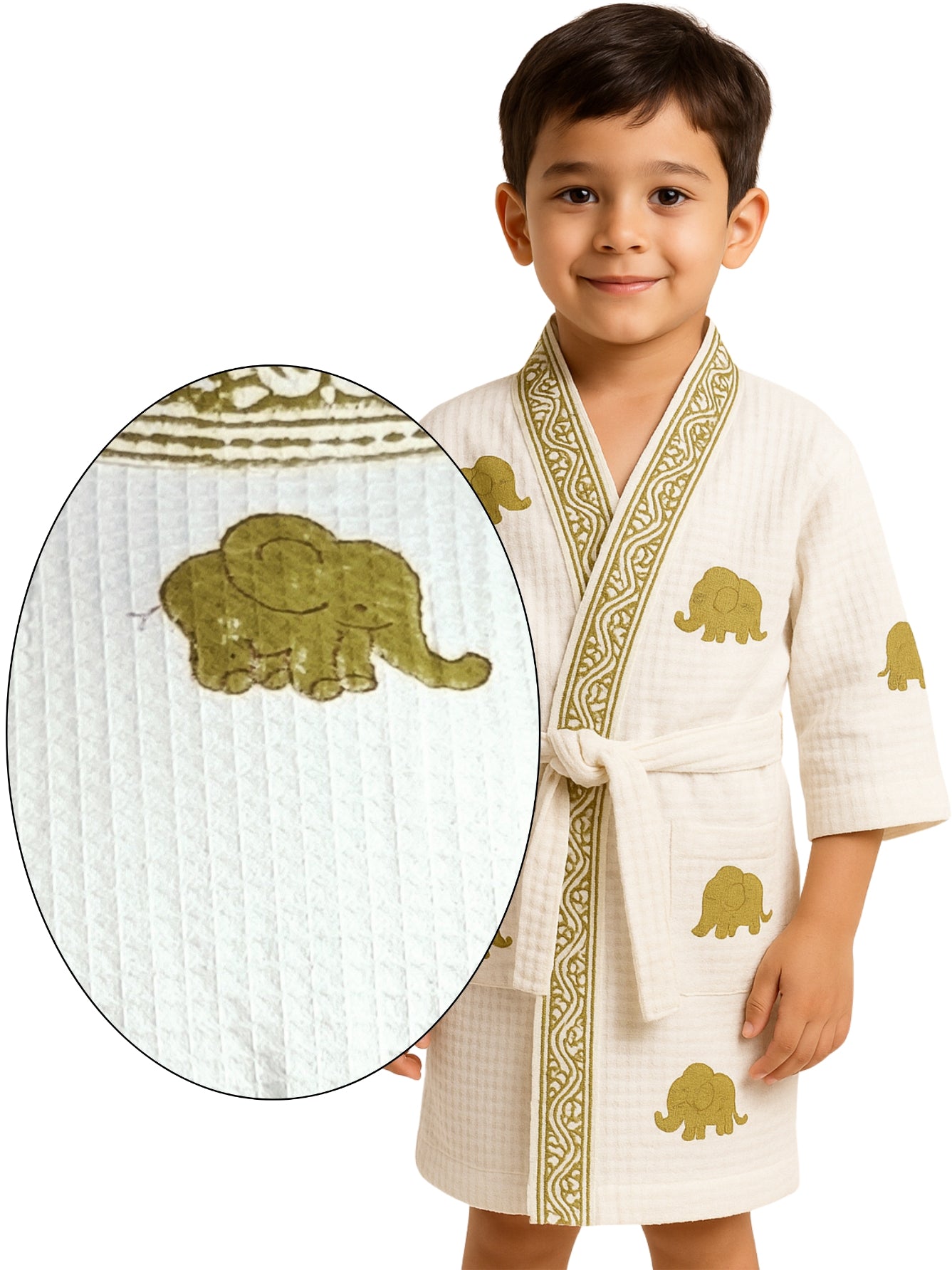 Handblock Printed Cotton Waffle Unisex Kids Bathrobe - Free Size (Set Of 1) (006-KIDS)