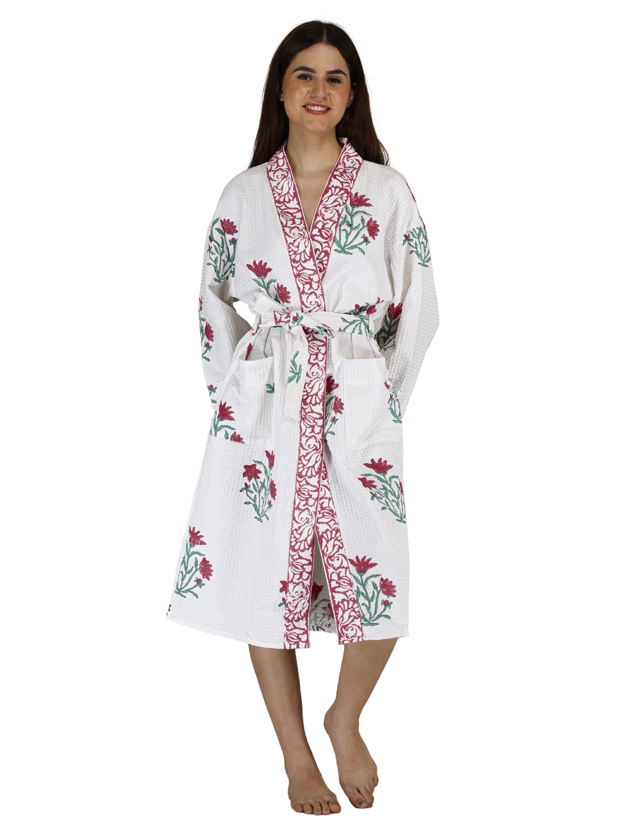 Handblock Printed Cotton Waffle Unisex Bath Robe - Free Size (Set Of 1) (007-BIG)