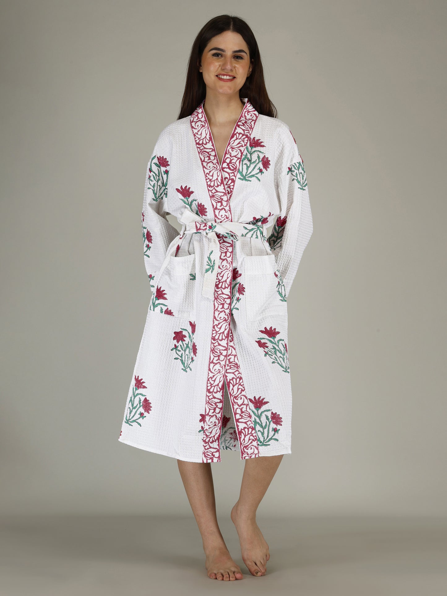 Handblock Printed Cotton Waffle Unisex Bath Robe - Free Size (Set Of 1) (007-BIG)