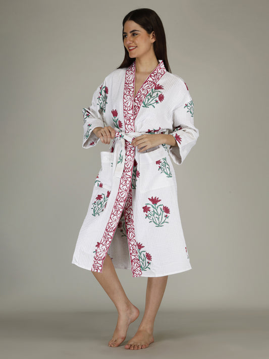 Handblock Printed Cotton Waffle Unisex Bath Robe - Free Size (Set Of 1) (007-BIG)