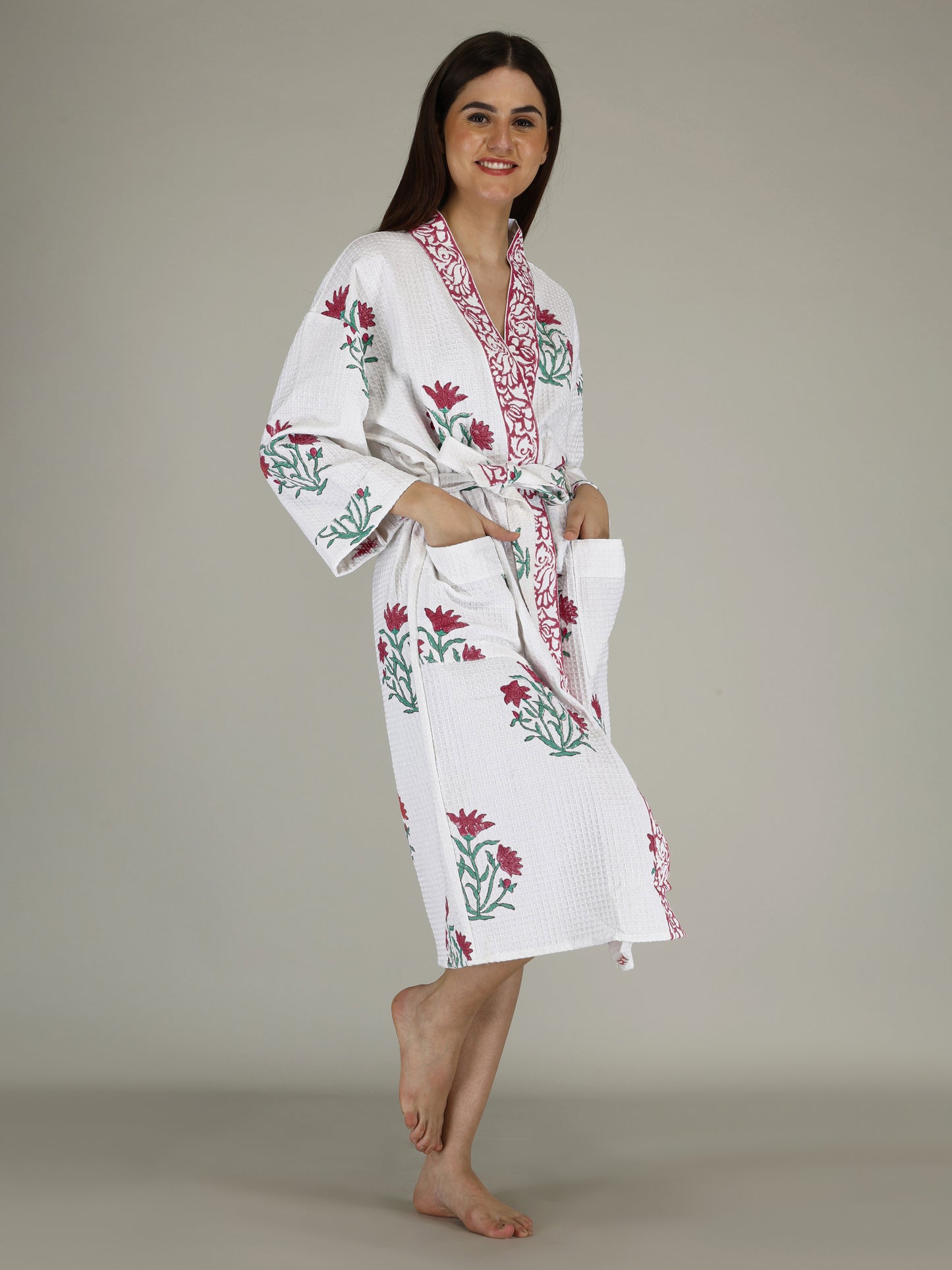 Handblock Printed Cotton Waffle Unisex Bath Robe - Free Size (Set Of 1) (007-BIG)