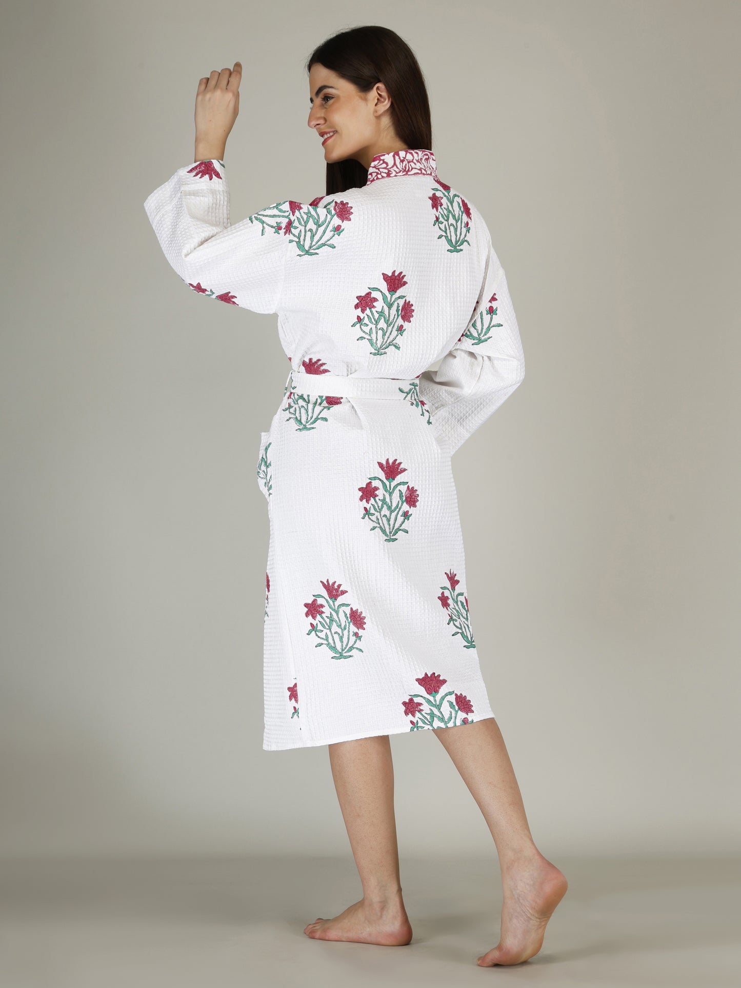 Handblock Printed Cotton Waffle Unisex Bath Robe - Free Size (Set Of 1) (007-BIG)