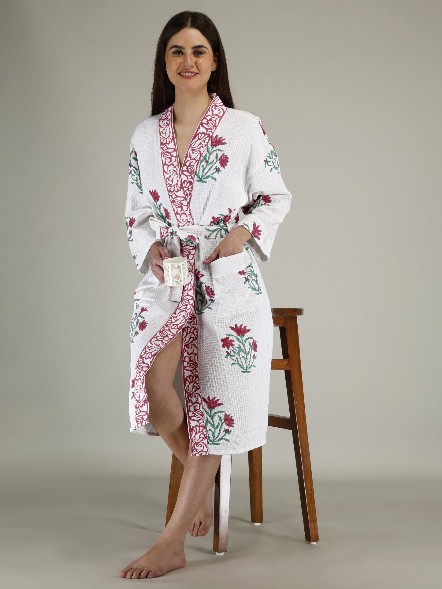 Handblock Printed Cotton Waffle Unisex Bath Robe - Free Size (Set Of 1) (007-BIG)