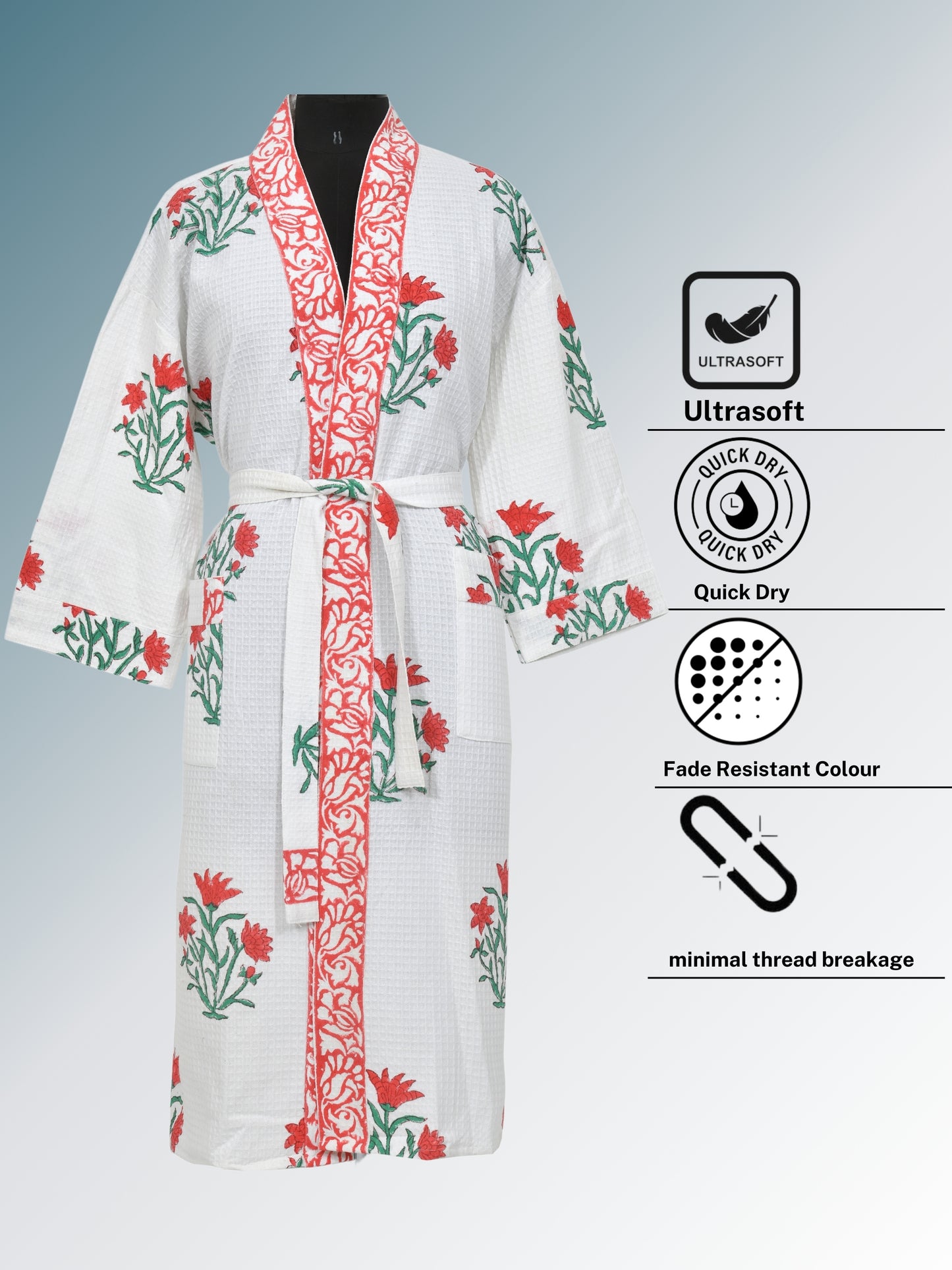 Handblock Printed Cotton Waffle Unisex Bath Robe - Free Size (Set Of 1) (007-BIG)