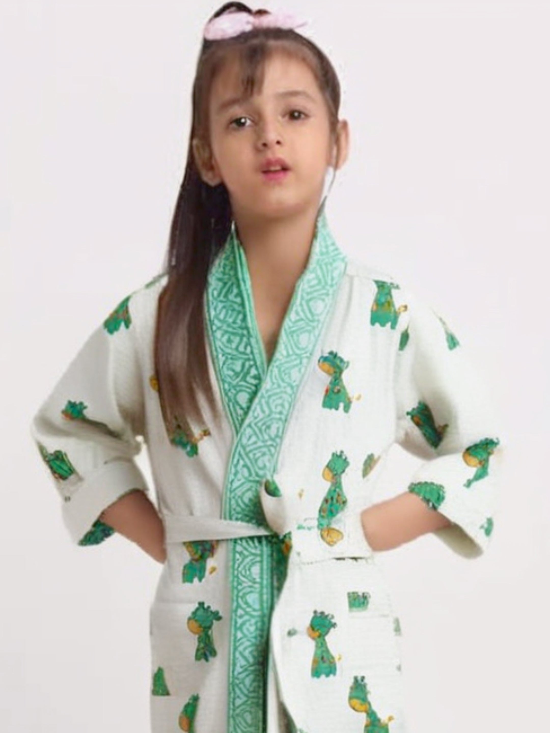 Handblock Printed Cotton Waffle Unisex Kids Bathrobe - Free Size (Set Of 1) (007-KIDS)