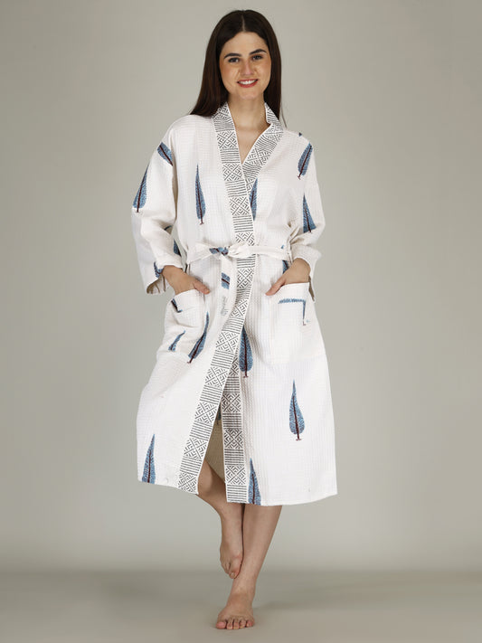 Handblock Printed Cotton Waffle Unisex Bath Robe - Free Size (Set Of 1) (008-BIG)