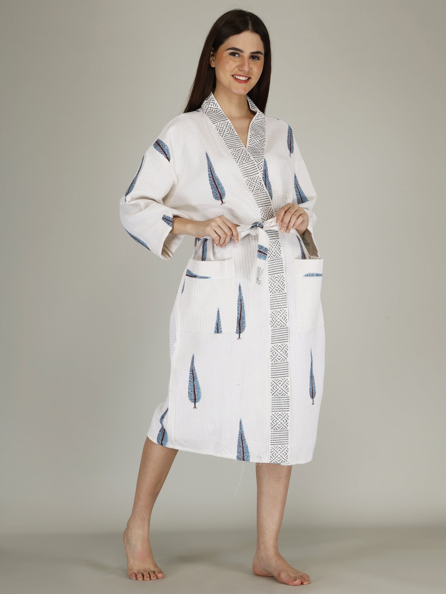 Handblock Printed Cotton Waffle Unisex Bath Robe - Free Size (Set Of 1) (008-BIG)