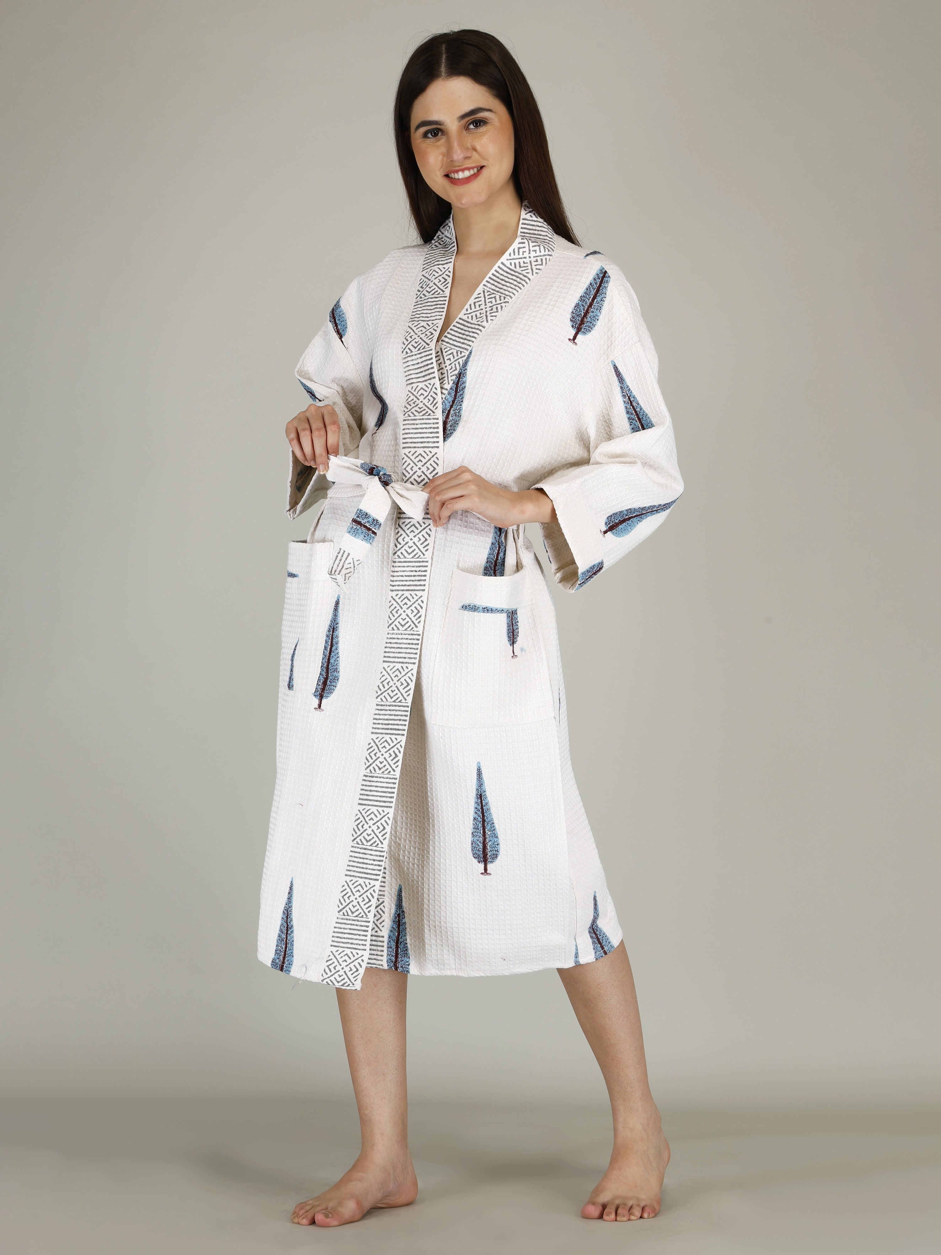Handblock Printed Cotton Waffle Unisex Bath Robe - Free Size (Set Of 1) (008-BIG)