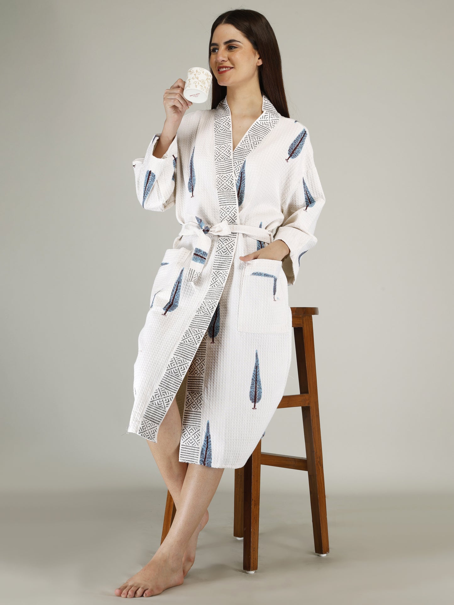 Handblock Printed Cotton Waffle Unisex Bath Robe - Free Size (Set Of 1) (008-BIG)