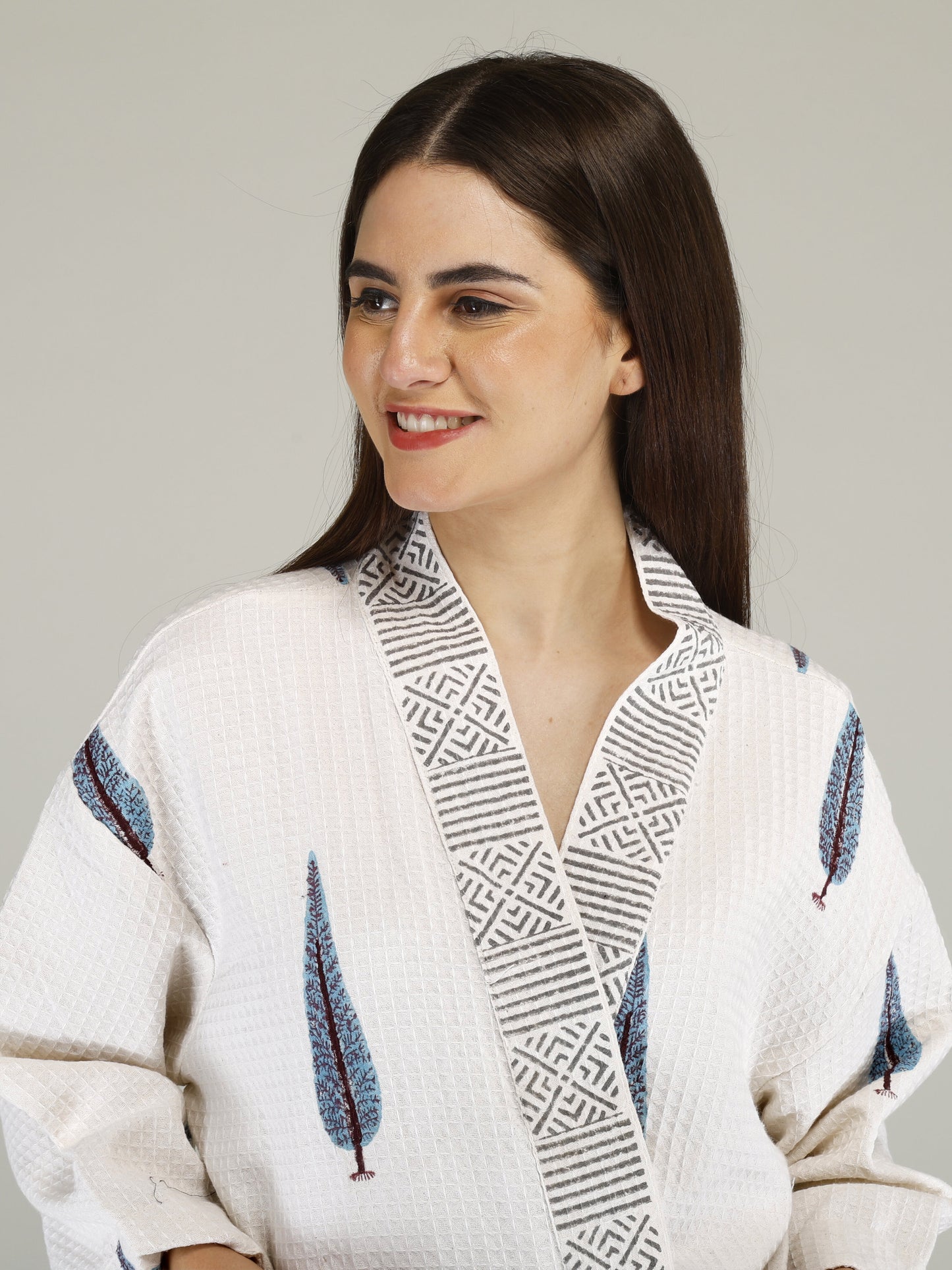 Handblock Printed Cotton Waffle Unisex Bath Robe - Free Size (Set Of 1) (008-BIG)