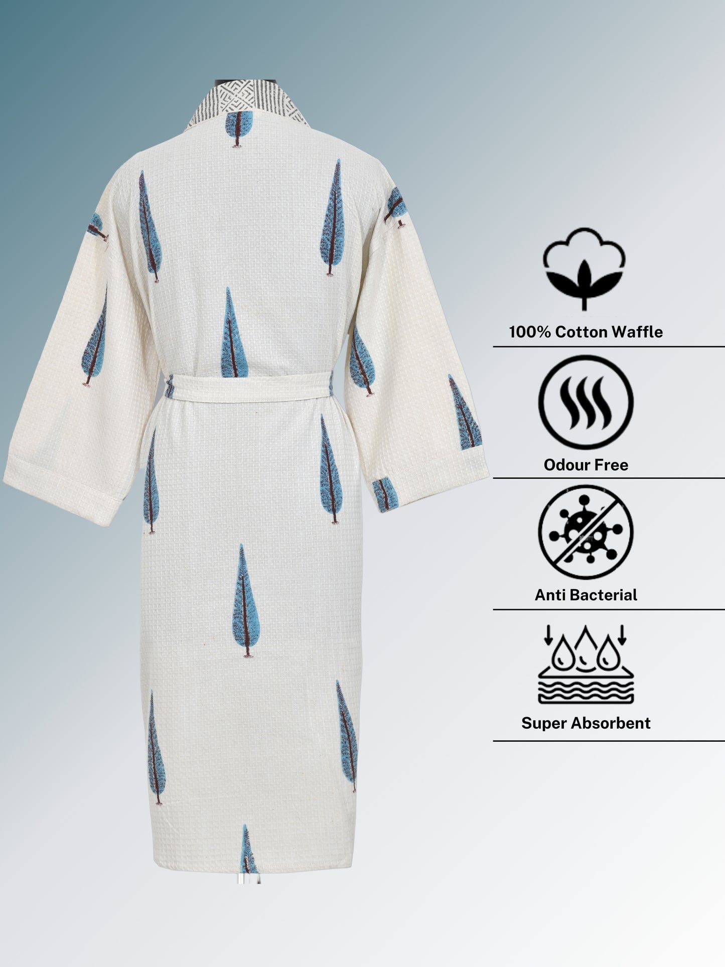 Handblock Printed Cotton Waffle Unisex Bath Robe - Free Size (Set Of 1) (008-BIG)