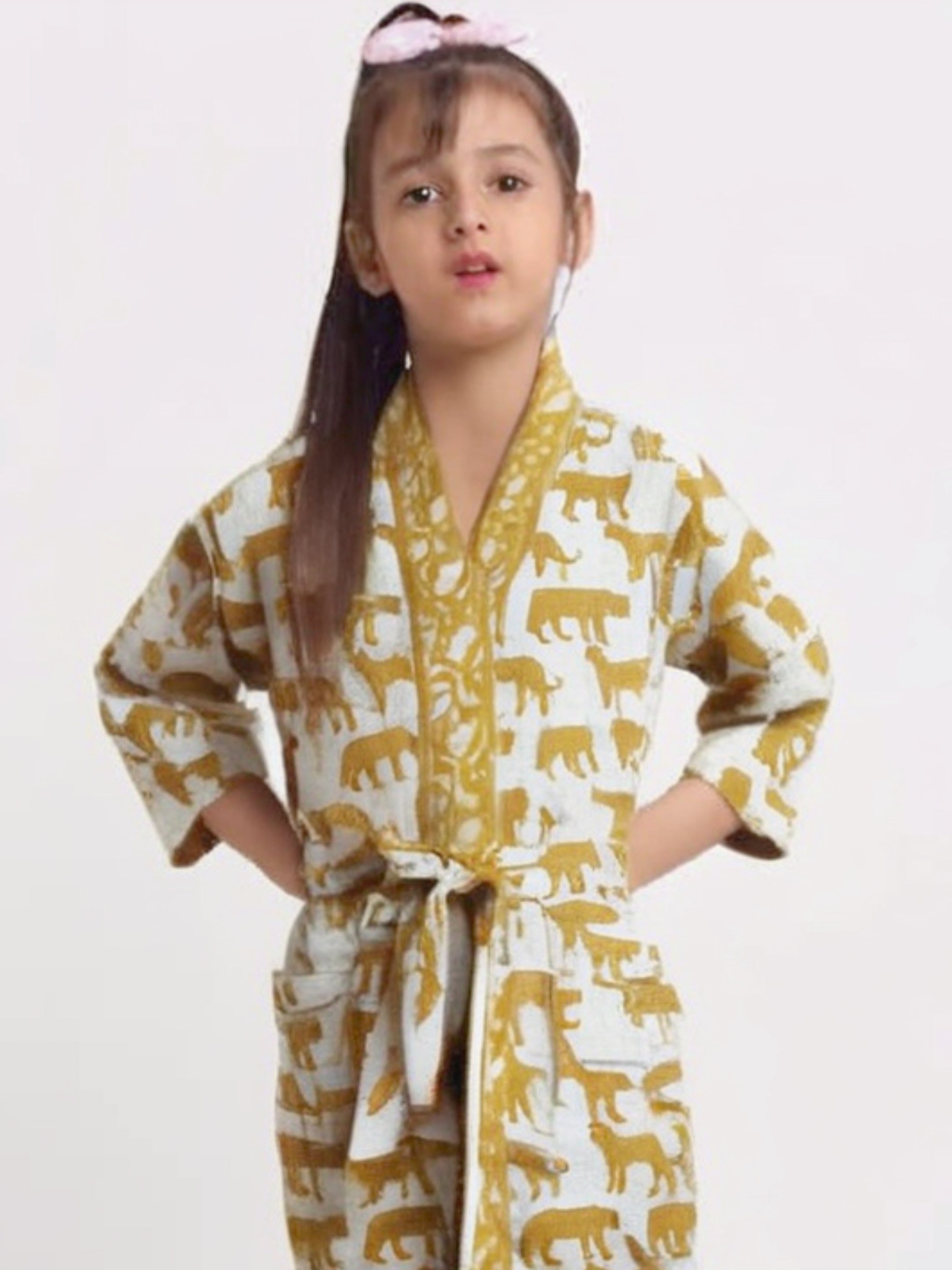 Handblock Printed Cotton Waffle Unisex Kids Bathrobe - Free Size (Set Of 1) (008-KIDS)