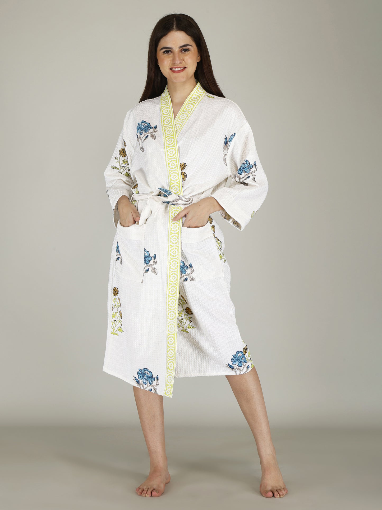 Handblock Printed Cotton Waffle Unisex Bath Robe - Free Size (Set Of 1) (009-BIG)