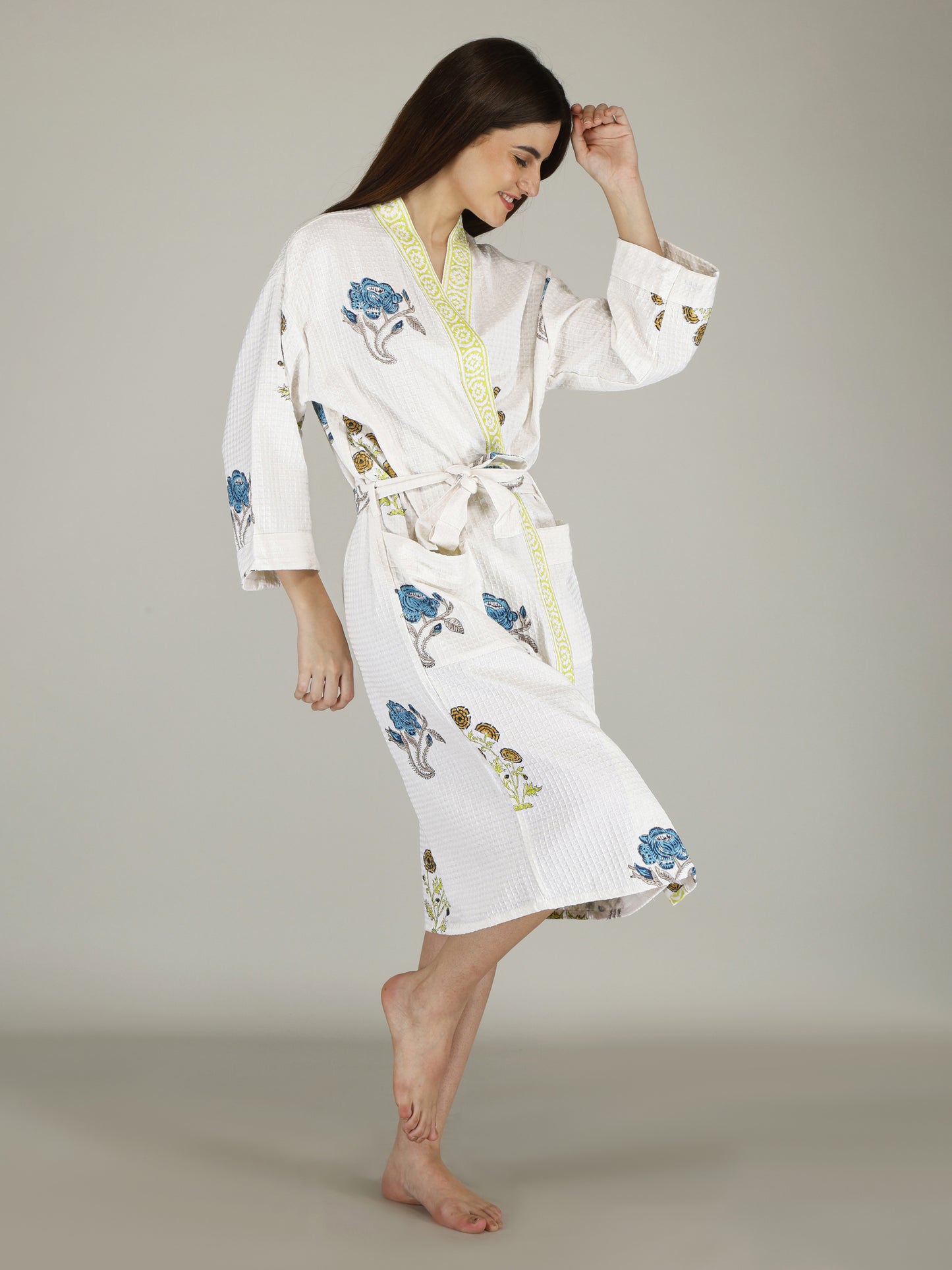 Handblock Printed Cotton Waffle Unisex Bath Robe - Free Size (Set Of 1) (009-BIG)