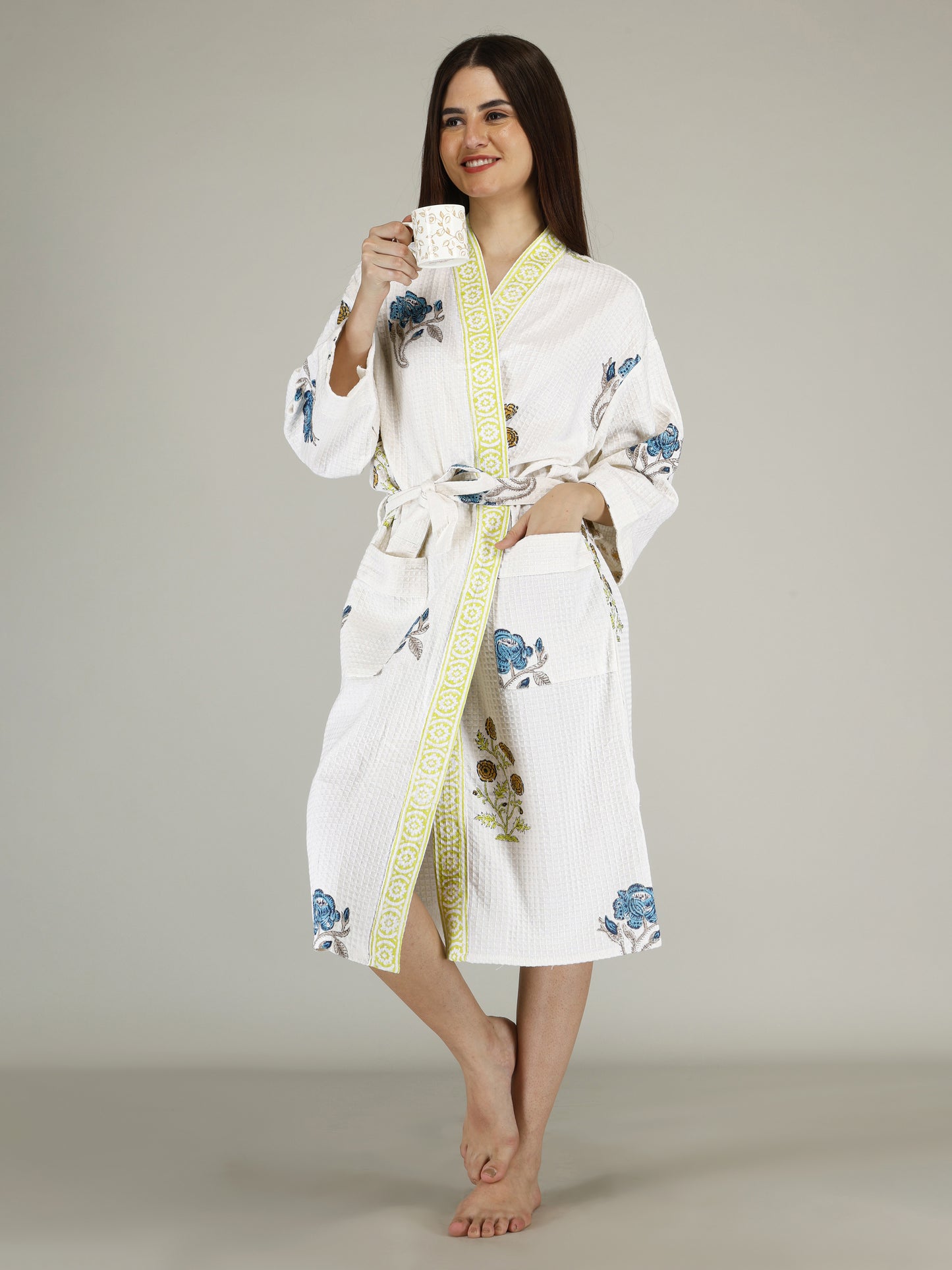 Handblock Printed Cotton Waffle Unisex Bath Robe - Free Size (Set Of 1) (009-BIG)