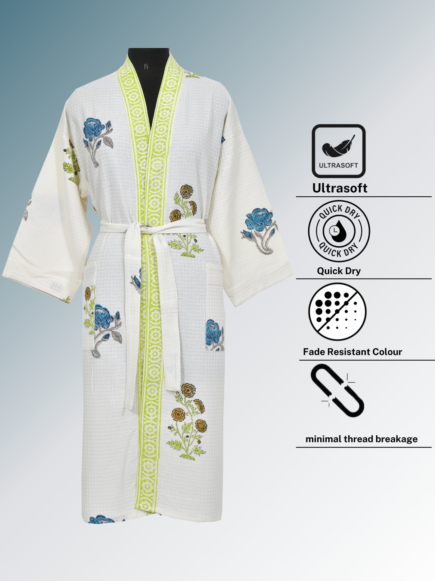 Handblock Printed Cotton Waffle Unisex Bath Robe - Free Size (Set Of 1) (009-BIG)