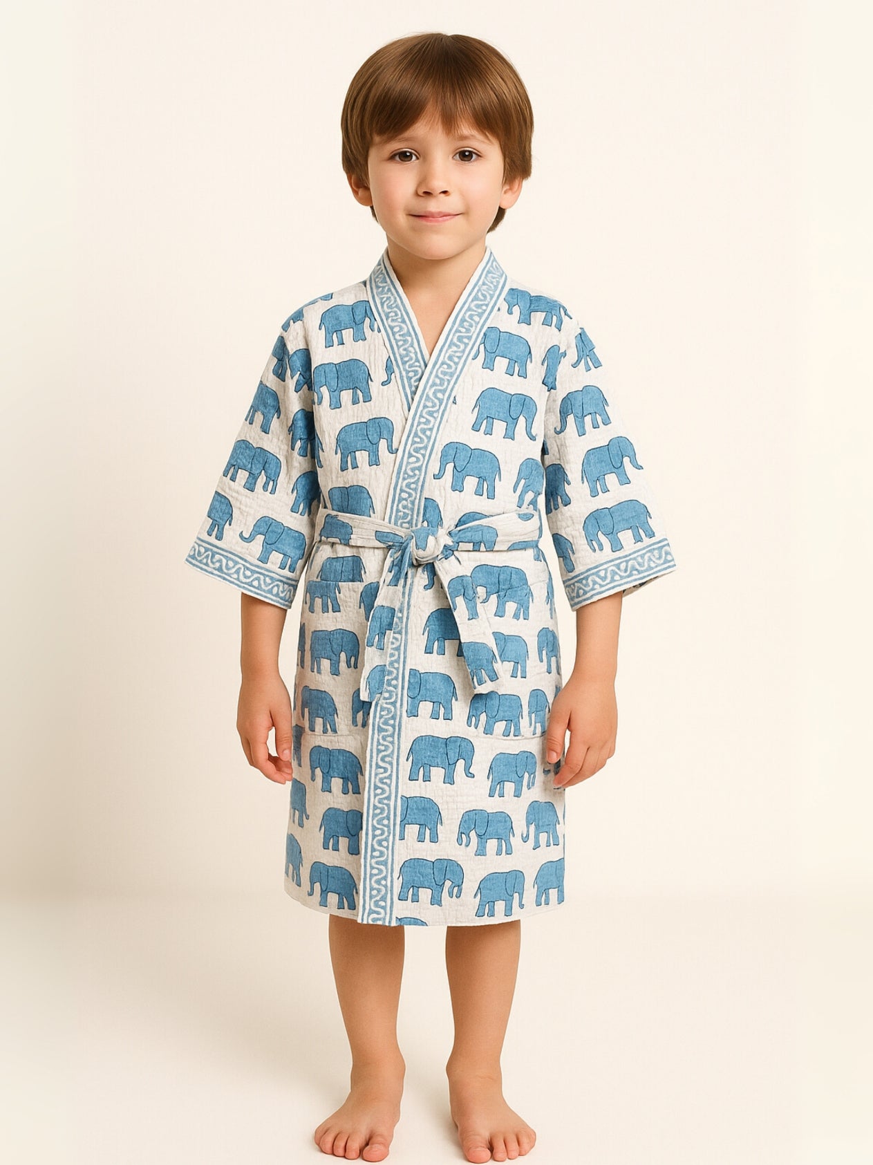 Handblock Printed Cotton Waffle Unisex Kids Bathrobe - Free Size (Set Of 1) (009-KIDS)