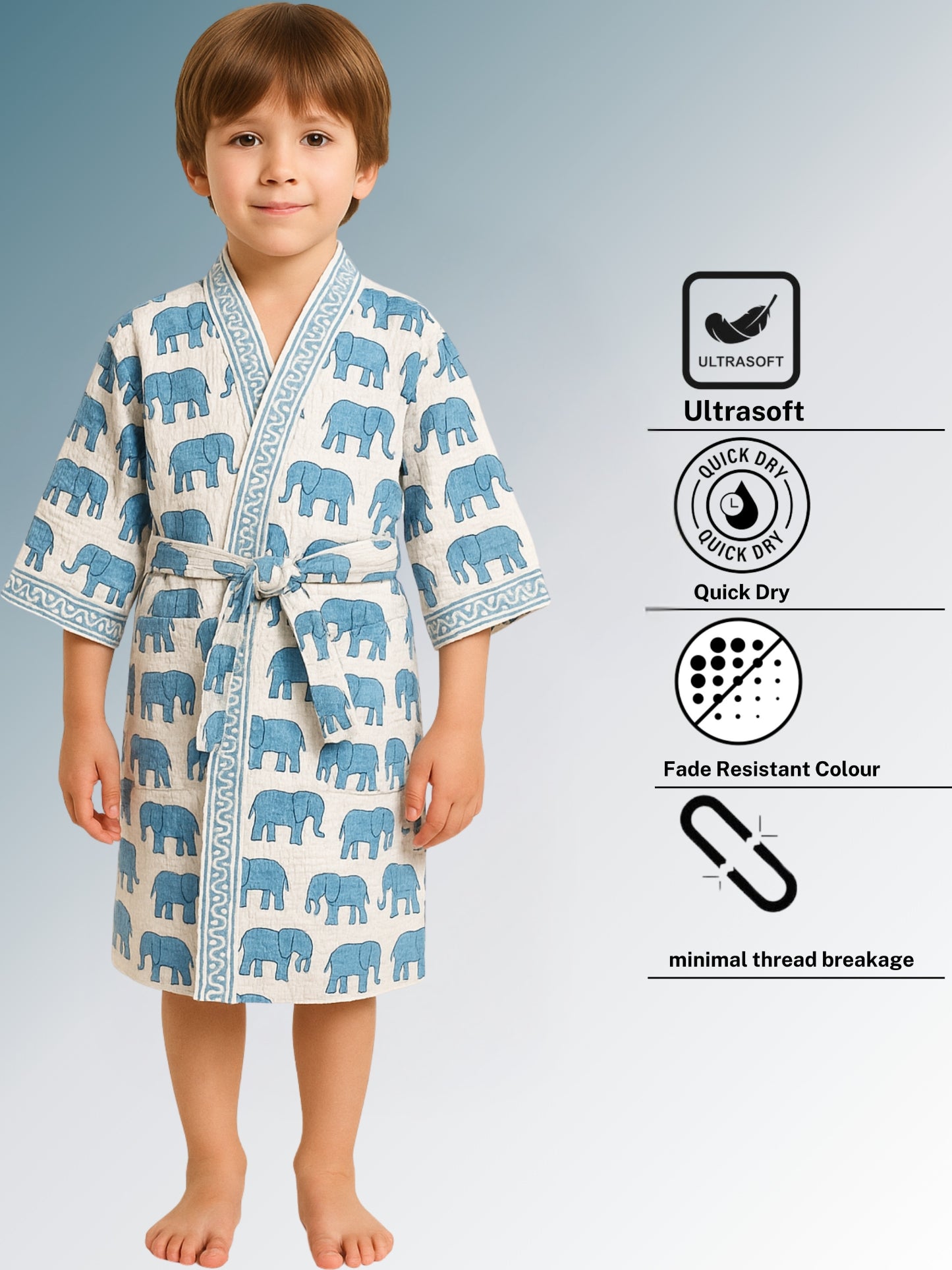 Handblock Printed Cotton Waffle Unisex Kids Bathrobe - Free Size (Set Of 1) (009-KIDS)
