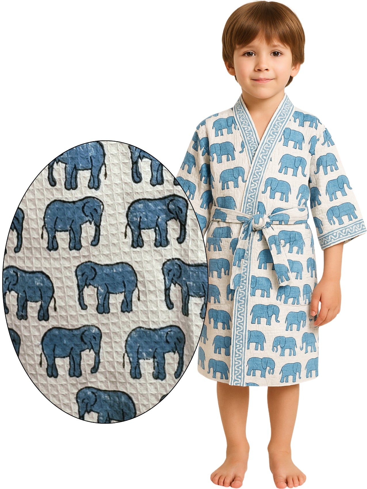 Handblock Printed Cotton Waffle Unisex Kids Bathrobe - Free Size (Set Of 1) (009-KIDS)