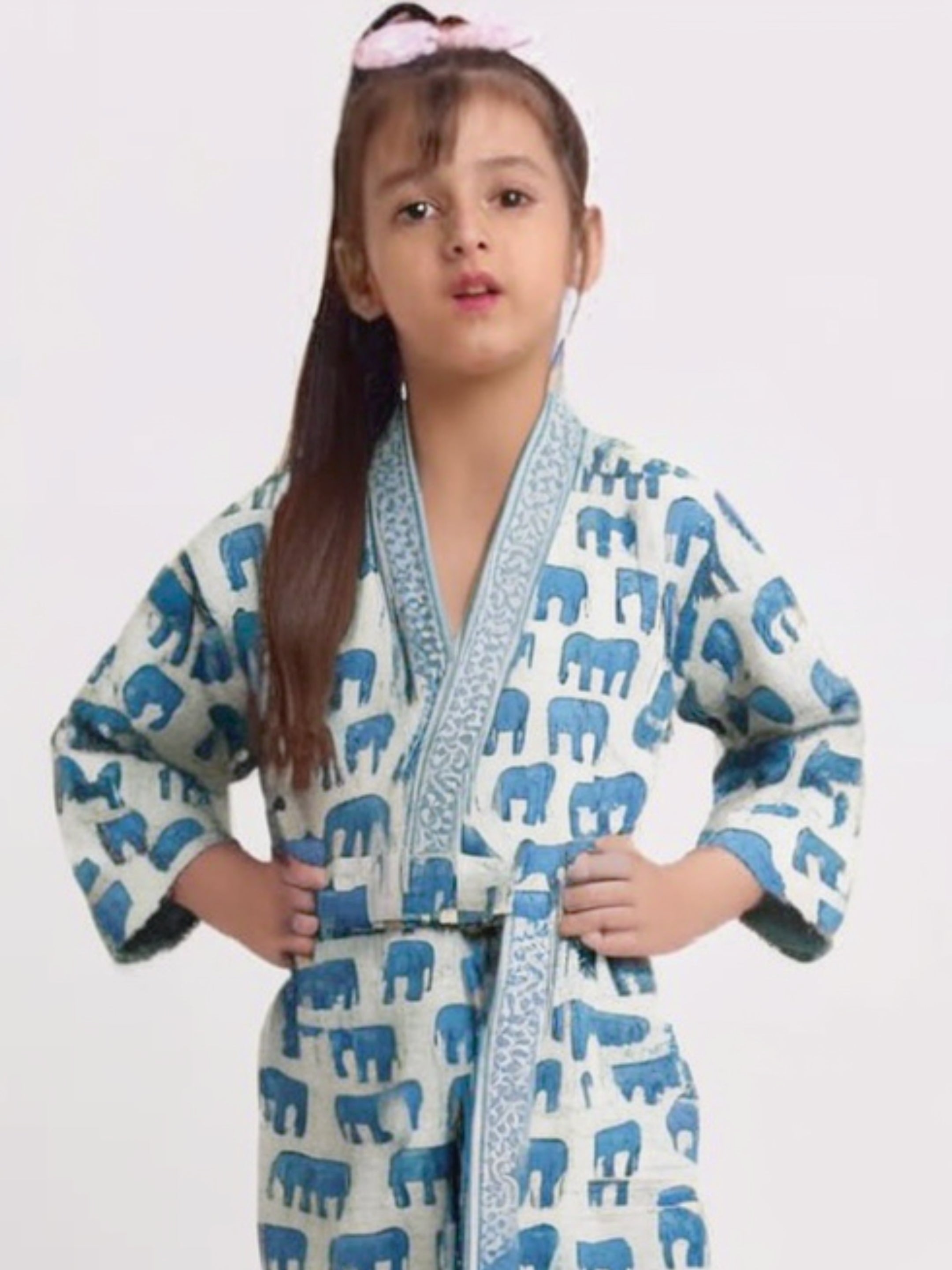 Handblock Printed Cotton Waffle Unisex Kids Bathrobe - Free Size (Set Of 1) (009-KIDS)