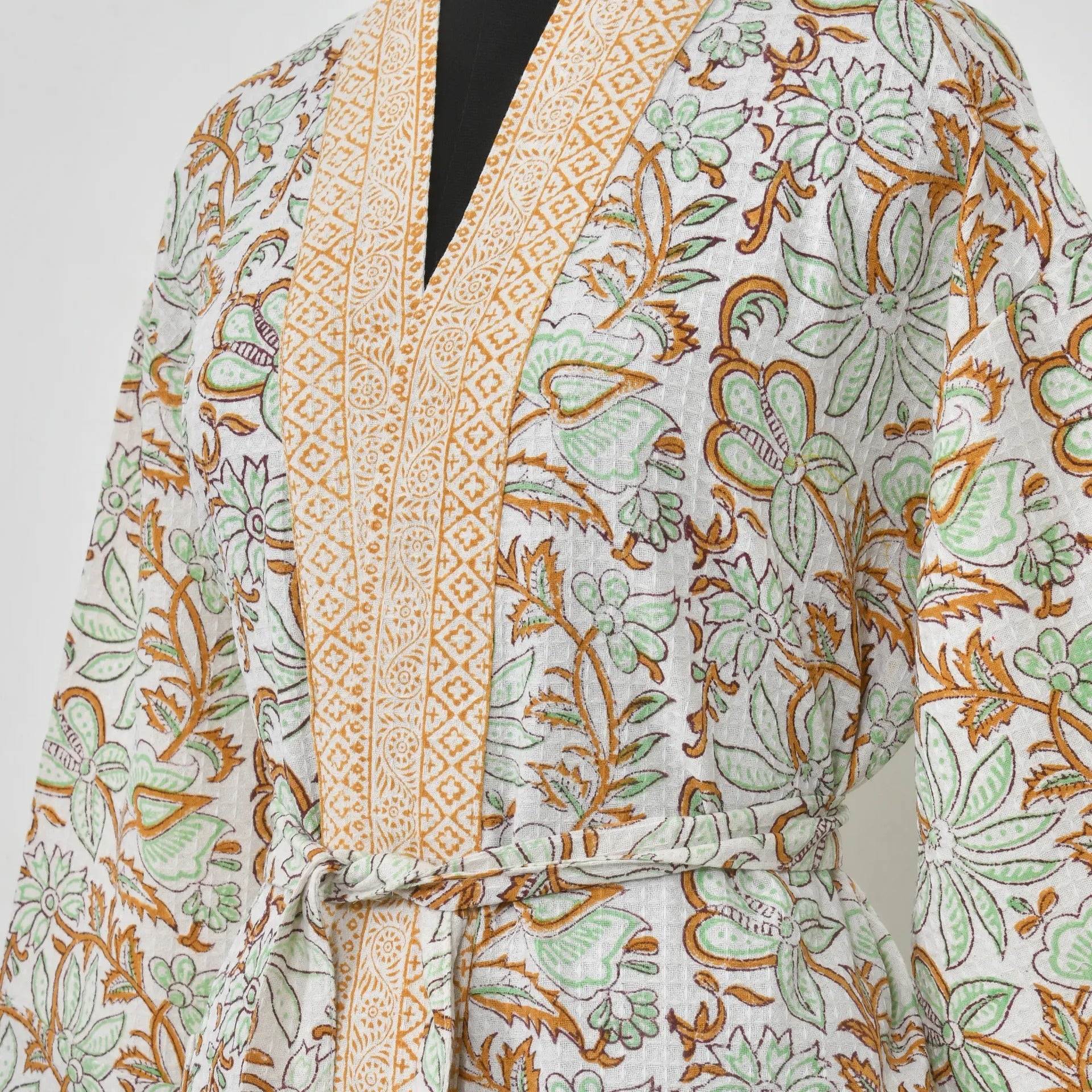 Handblock Printed Cotton Waffle Unisex Bath Robe - Free Size (Set Of 1) (010-BIG)