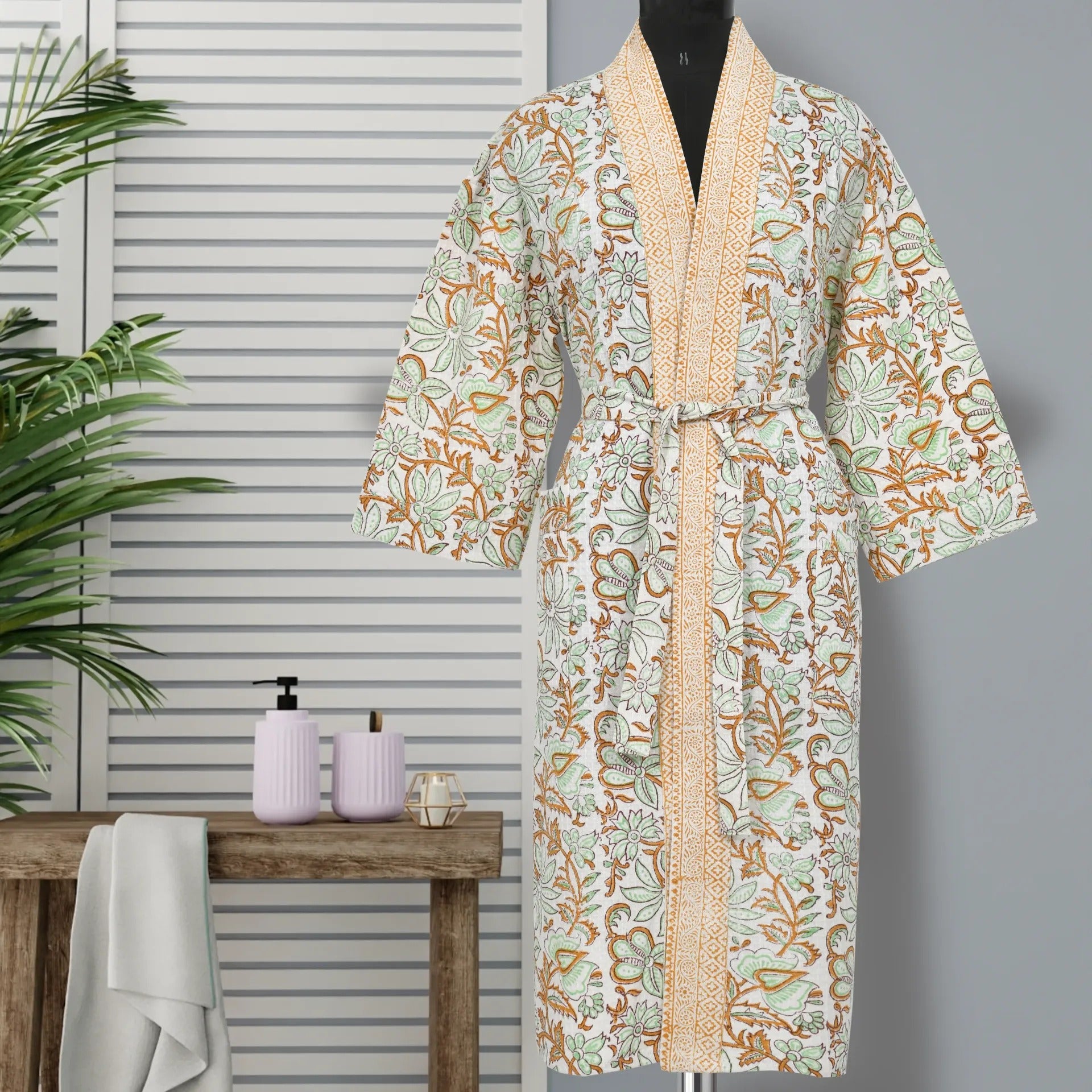 Handblock Printed Cotton Waffle Unisex Bath Robe - Free Size (Set Of 1) (010-BIG)