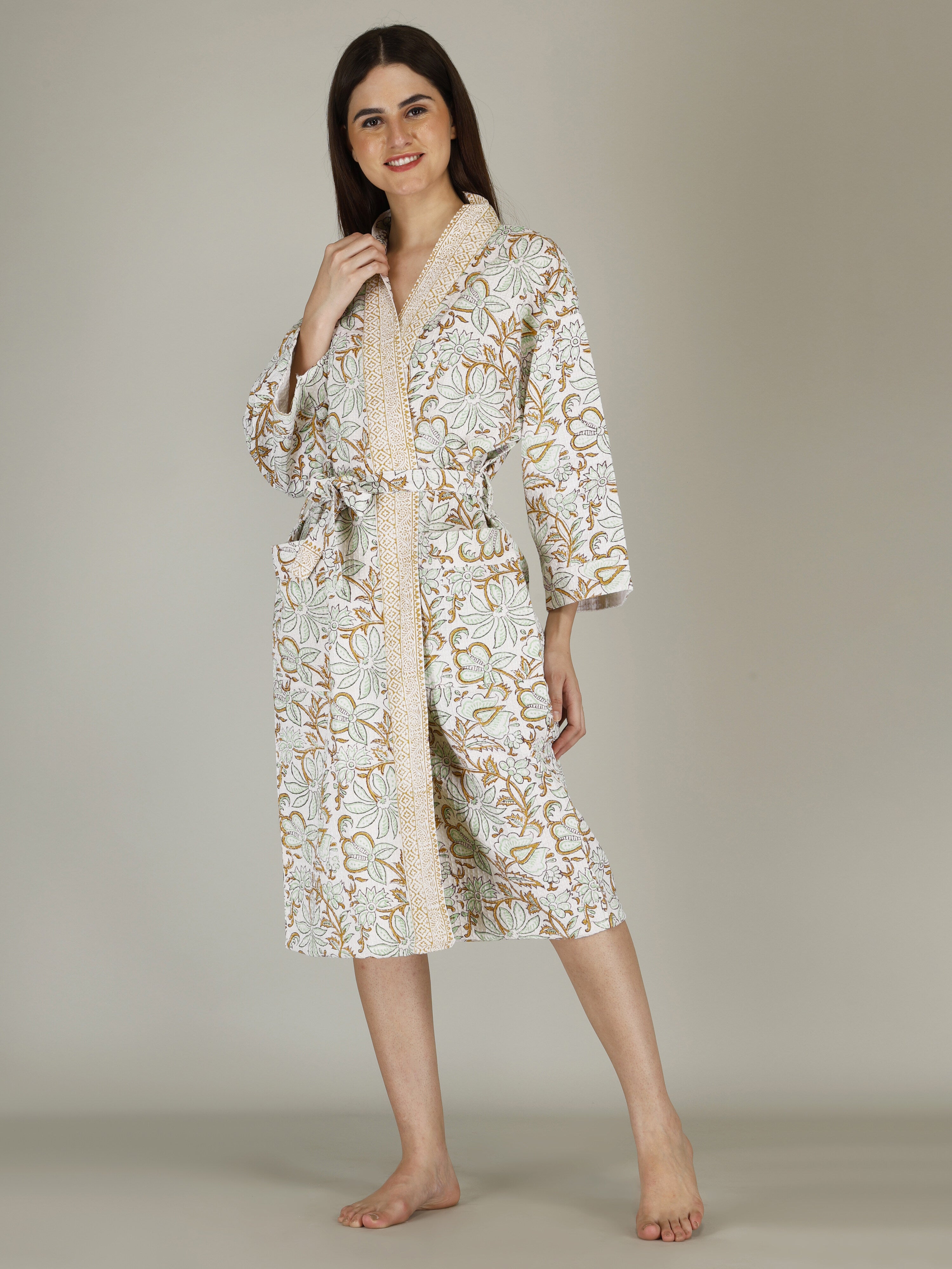 Handblock Printed Cotton Waffle Unisex Bath Robe - Free Size (Set Of 1) (010-BIG)