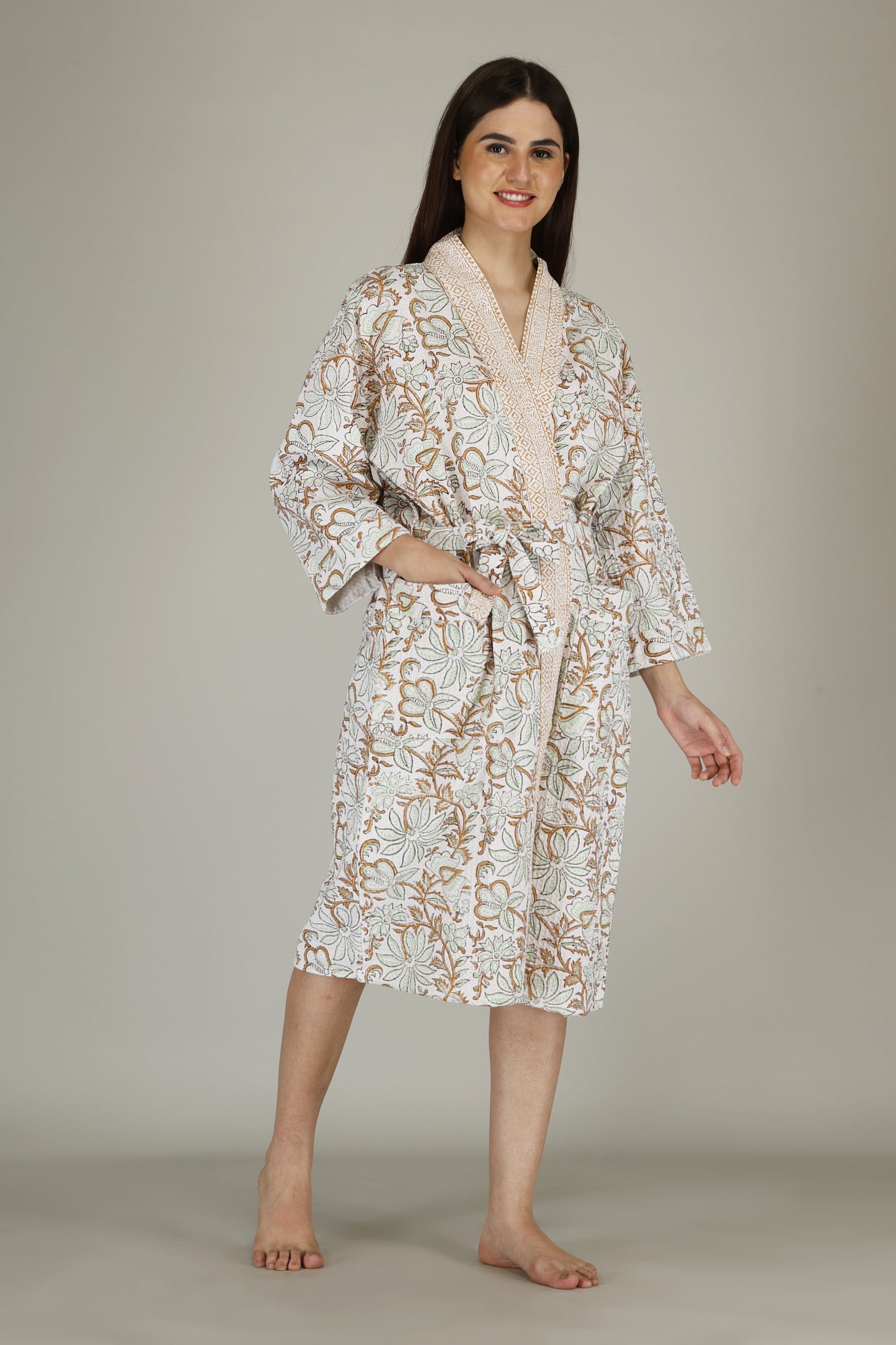 Handblock Printed Cotton Waffle Unisex Bath Robe - Free Size (Set Of 1) (010-BIG)