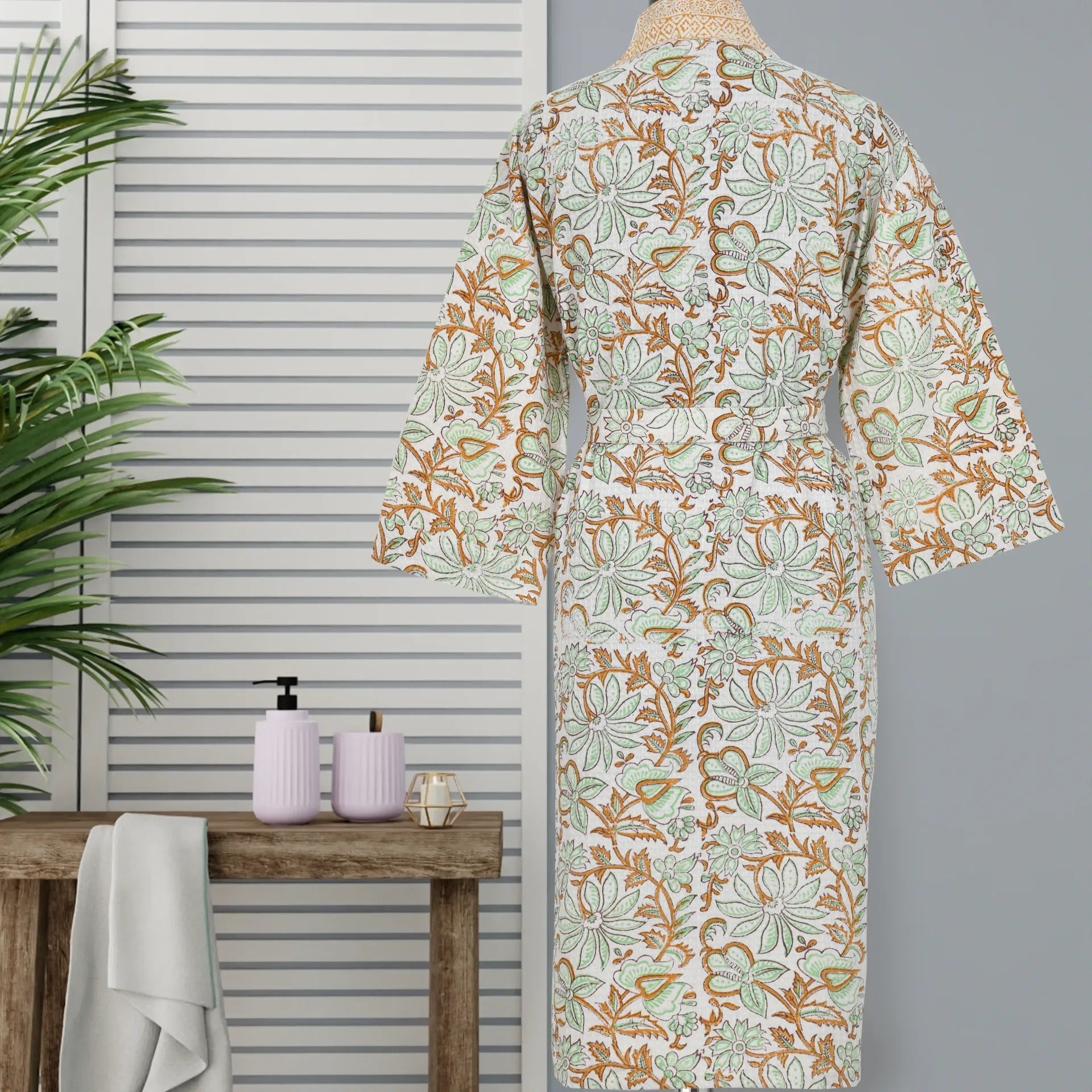 Handblock Printed Cotton Waffle Unisex Bath Robe - Free Size (Set Of 1) (010-BIG)