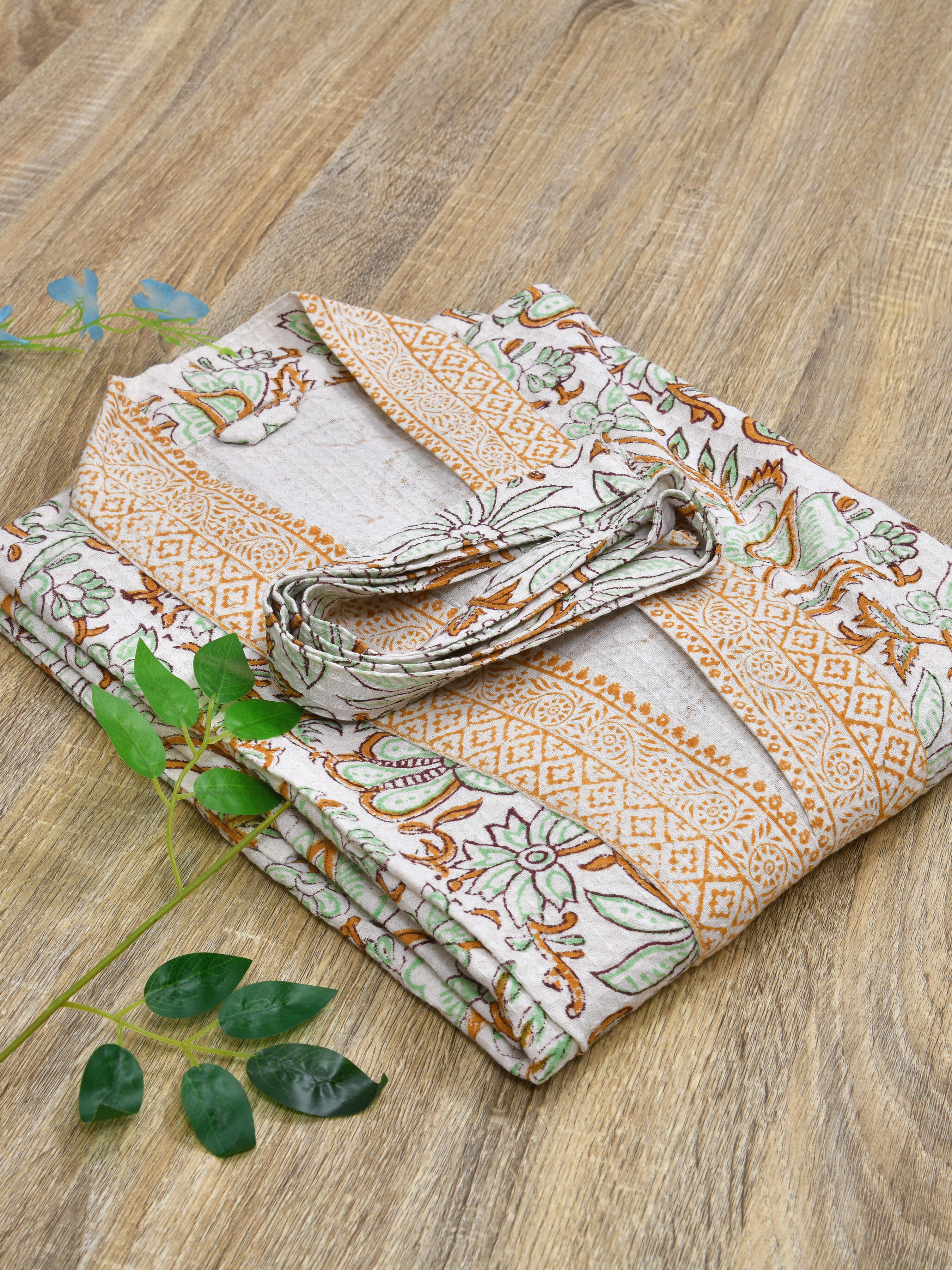 Handblock Printed Cotton Waffle Unisex Bath Robe - Free Size (Set Of 1) (010-BIG)