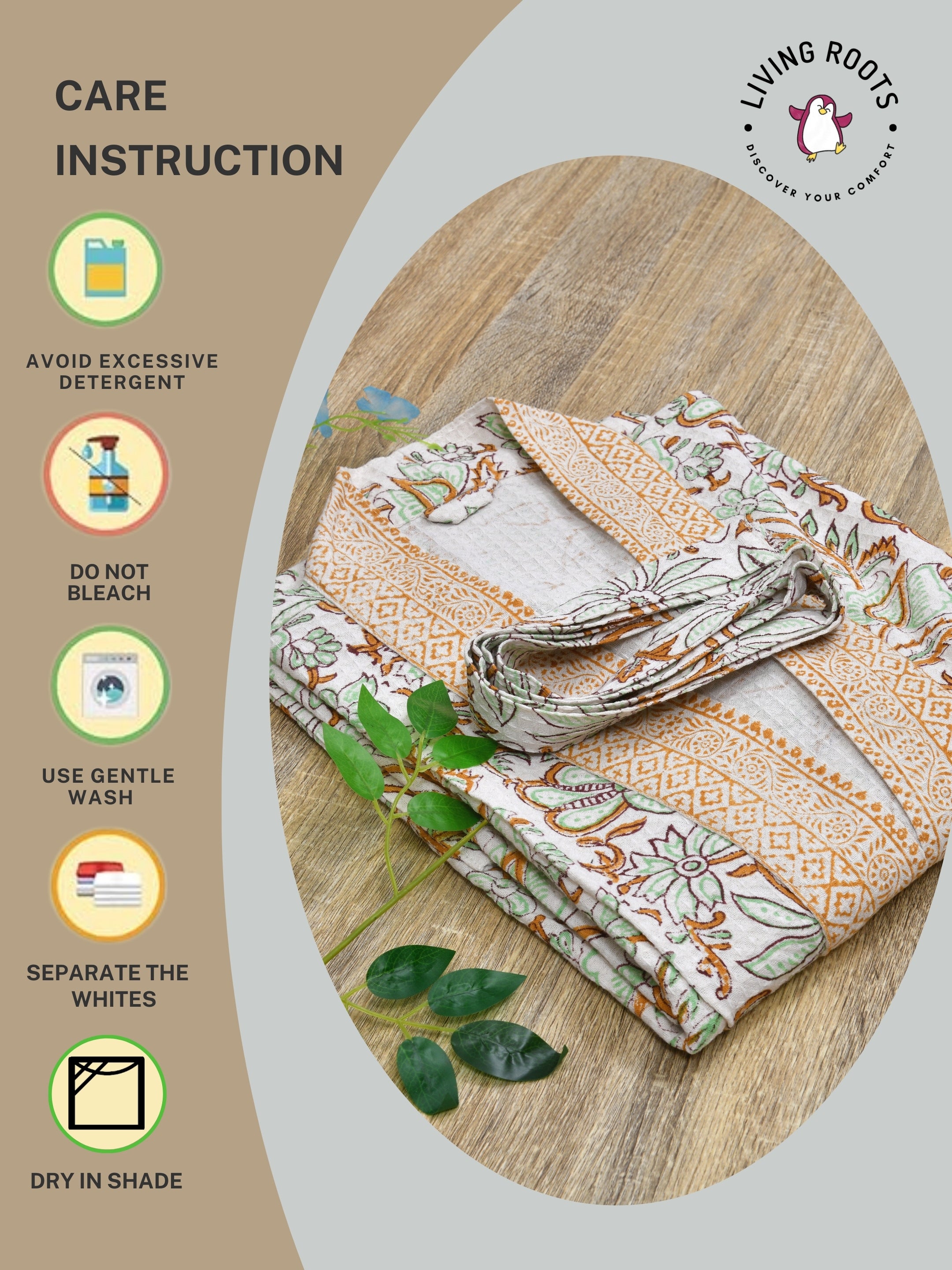 Handblock Printed Cotton Waffle Unisex Bath Robe - Free Size (Set Of 1) (010-BIG)