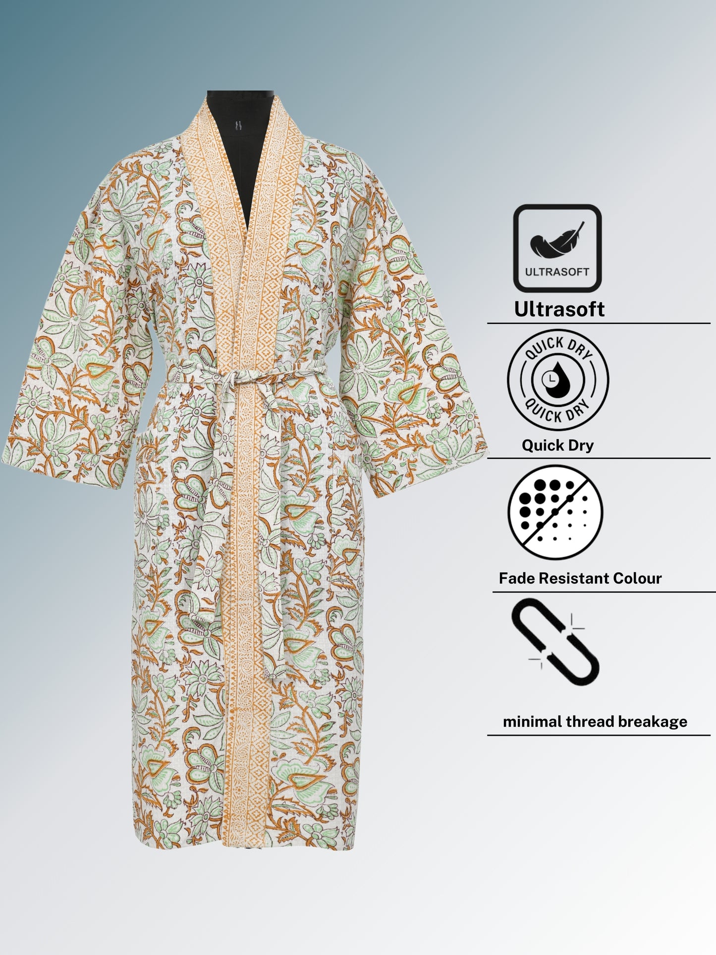 Handblock Printed Cotton Waffle Unisex Bath Robe - Free Size (Set Of 1) (010-BIG)