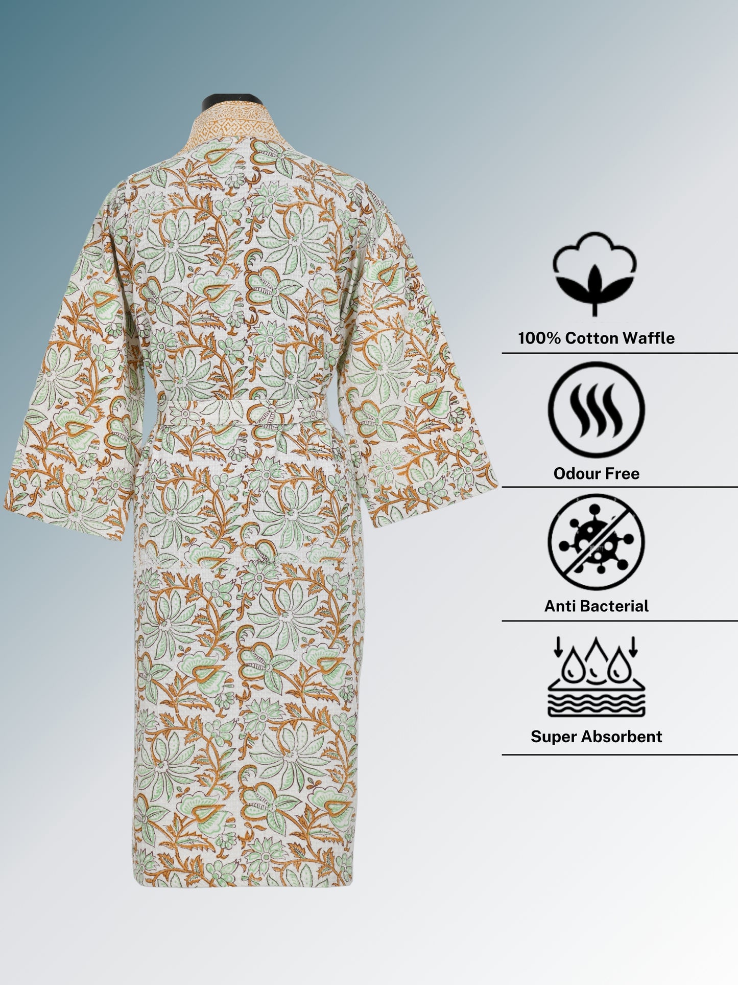 Handblock Printed Cotton Waffle Unisex Bath Robe - Free Size (Set Of 1) (010-BIG)